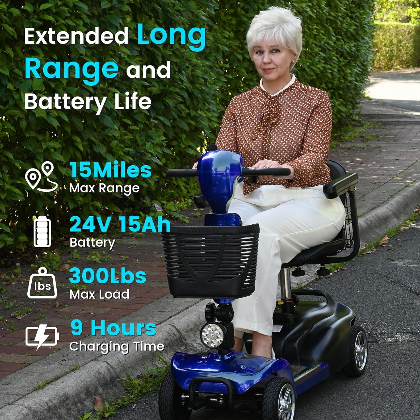 4 Wheel Mobility Scooter for Seniors&Adults - Up to 15 Miles Range,Foldable Powered Electric Wheelchair Device w/600WH Battery,Only 58 lb Weight, Dual Basket, 300 lb Capacity, Compact