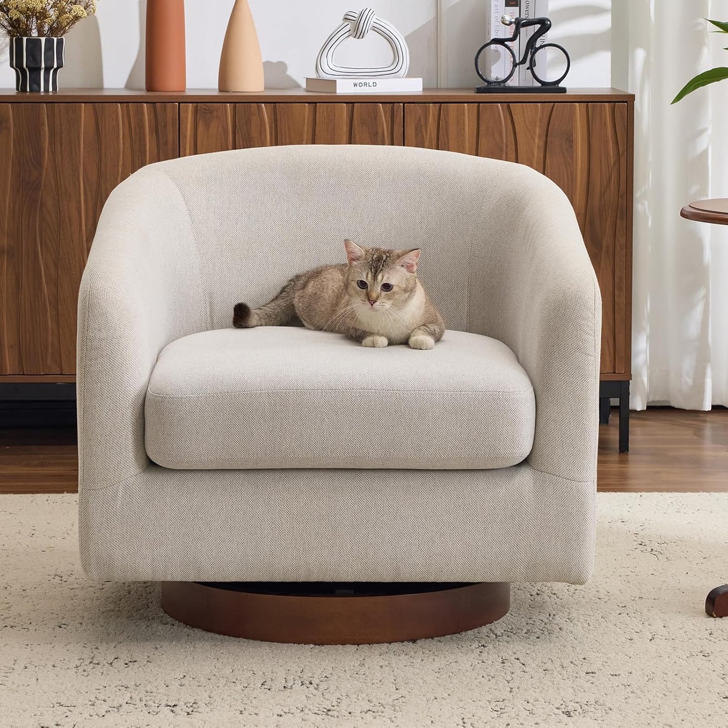 AEDI Swivel Accent Chair with Solid Wood Base, Upholstered Barrel Armchair for Living Room, Modern Small Club Chair,Gray
