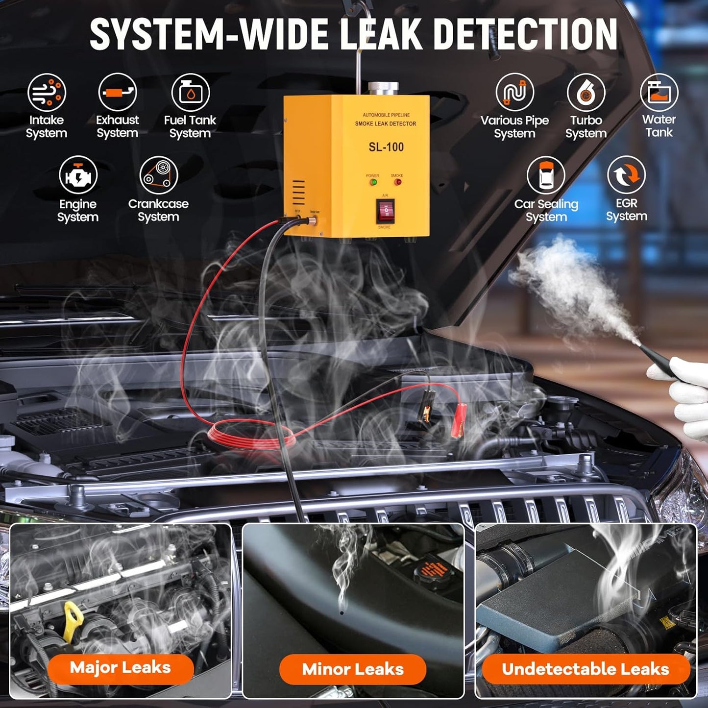 SL100 Smoke Machine Automotive Leak Detector, 12L/Min High Output Flow, Built-in Air Pump Evap Vacuum Diagnostics Tester, Fuel Diagnostic Pipe System Automotive Smoke Machine for Car