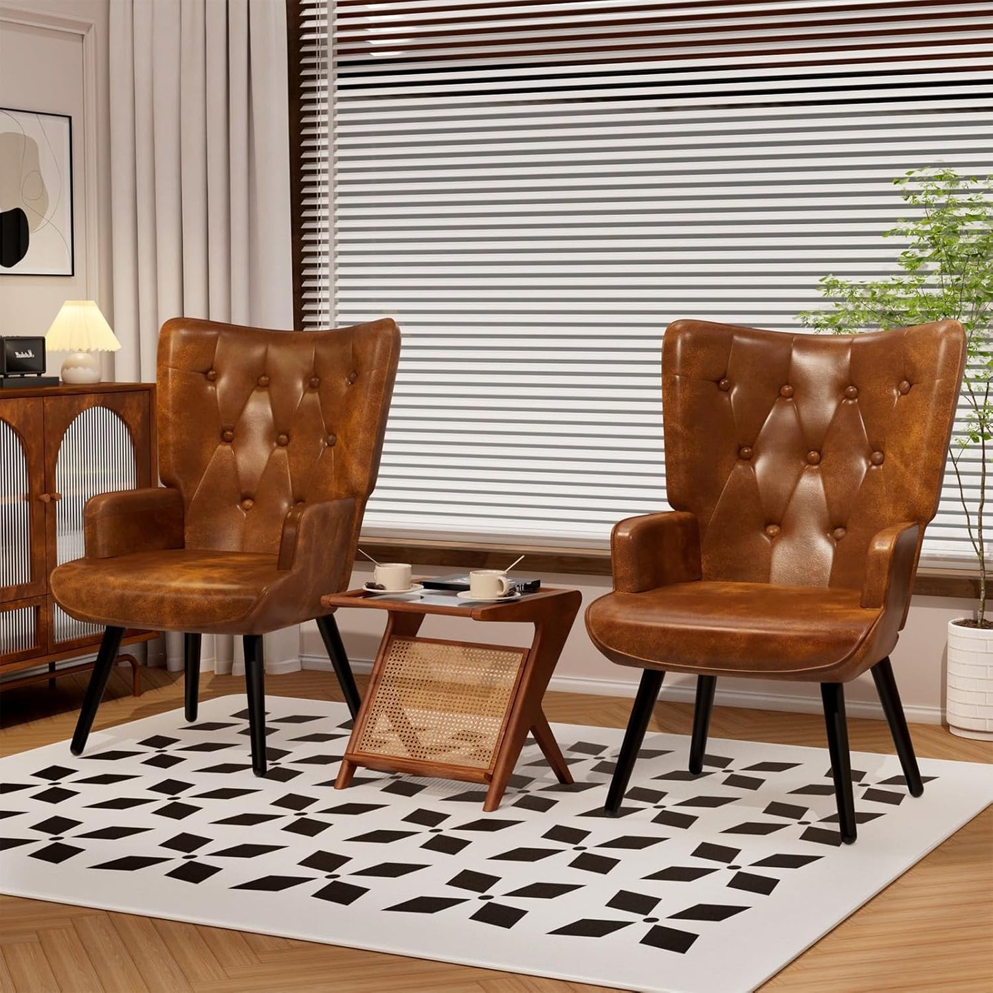 TLSUNNY PU Brown Accent Chair, Comfy Upholstered Armchair with Metal Legs, High Backrest Living Room Chair, Wingback Chair Mid Century Modern for Living Room/Vanity/Bedroom (2 pcs)