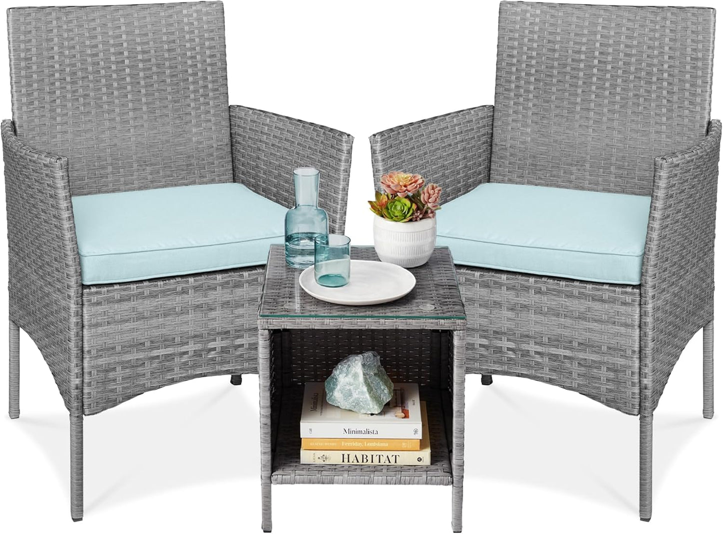 Best Choice Products 3-Piece Outdoor Wicker Conversation Bistro Set, Space Saving Patio Furniture for Garden w/Side Table - Gray/Navy