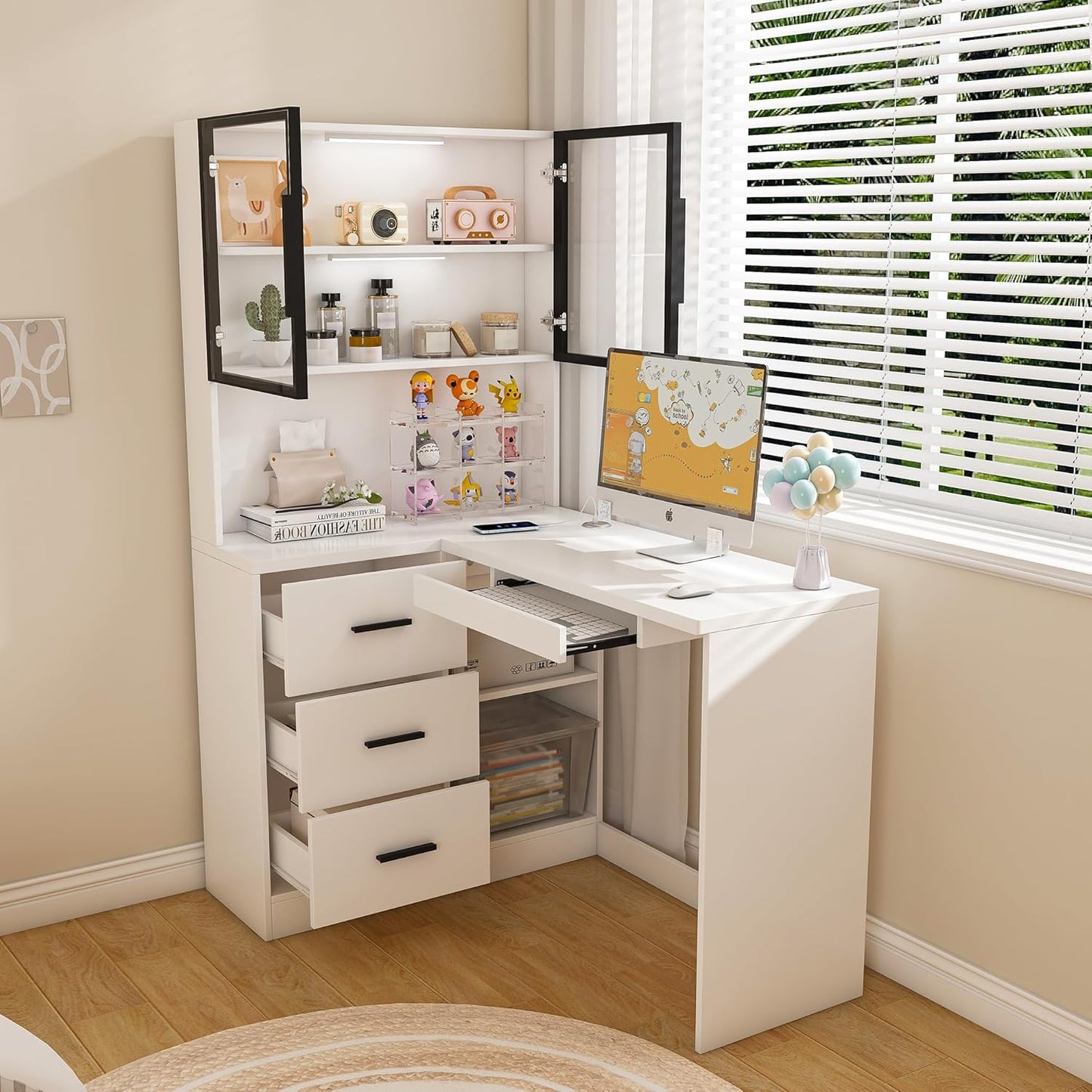 43 Inch Computer Desk with Power Outlets, Small Computer Desk with 3 Slide Drawers, Home Office Desk with 4 Storage Shelves, Gaming, Corner Work Desk for Home Office, Study (White)