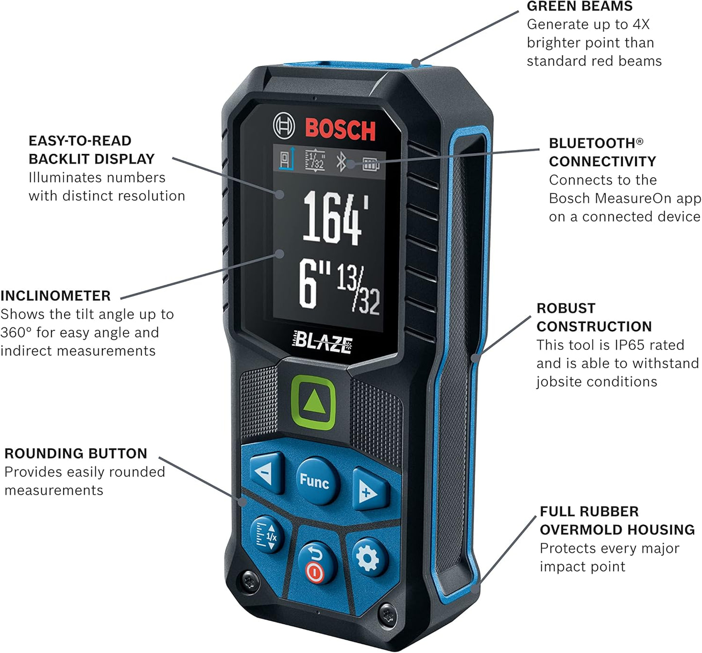 BOSCH GLM165-27CGL 165 Ft Blaze Green-Beam Laser Distance Measure with 3.7V Lithium-Ion 1.0 Ah Battery, Includes 1.0 Ah 3.7V Lithium-Ion Battery, Belt Clip, & Pouch