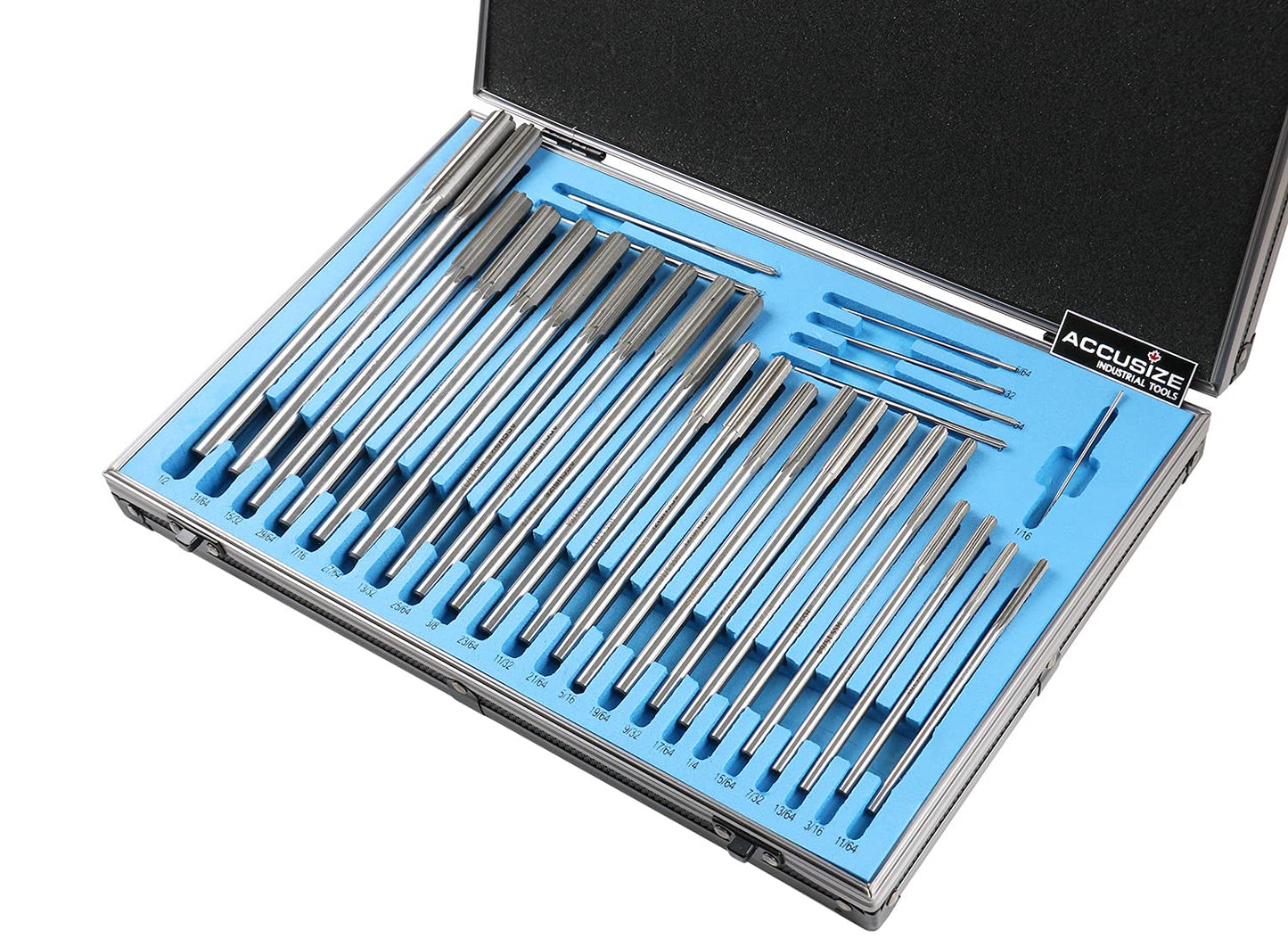 Accusize Industrial Tools 29 Pc Set 1/16 to 1/2 inch by 1/64 in HSS M2 Premium Chucking Reamers, Straight Flute, Aluminum Case, 5528-SF00