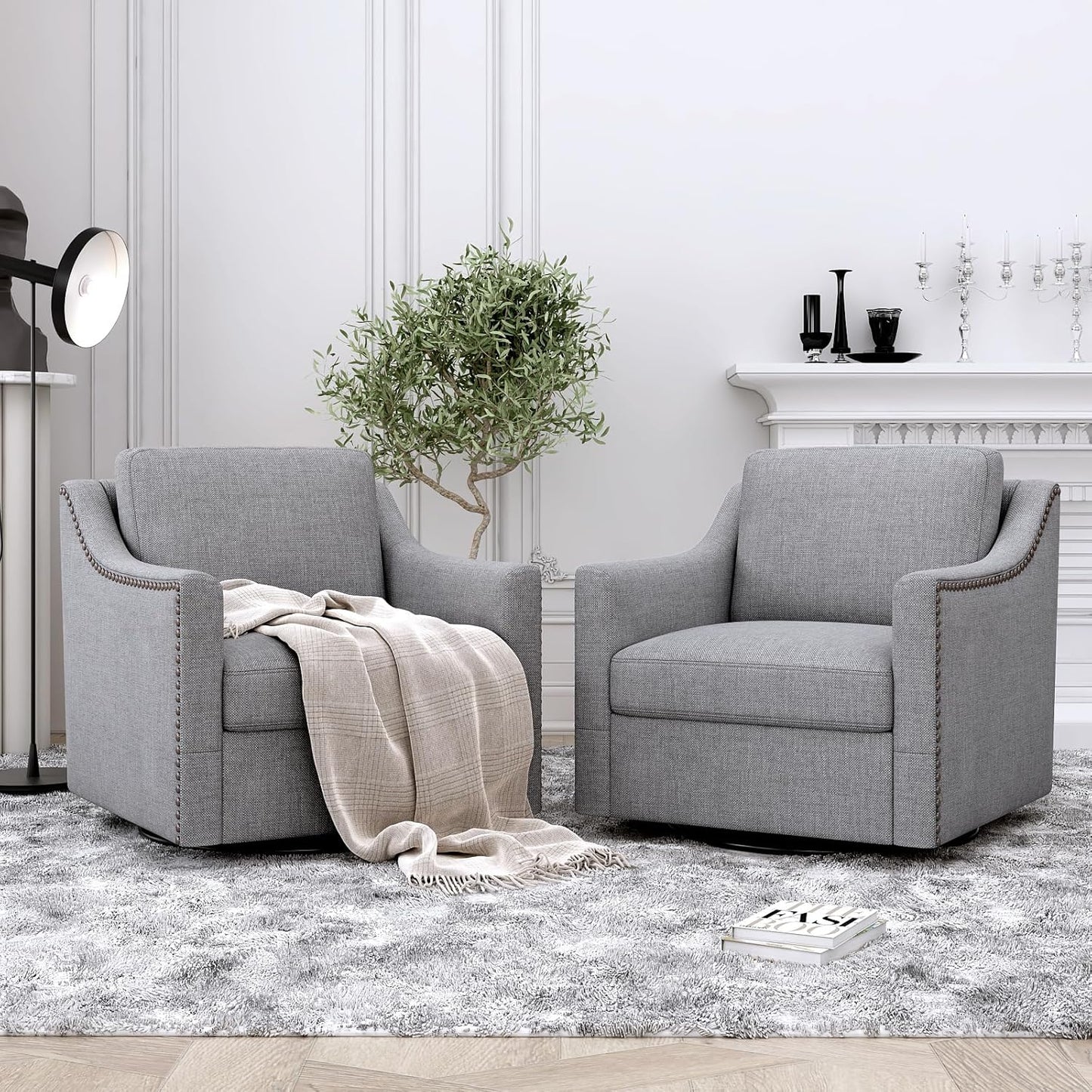 Swivel Barrel Chair Set of 2, Oversized Swivel Accent Chair with Comfy Back Pillow, Modern Upholstered Reading Lounge Chairs for Living Room Bedroom Office Club, Light Grey Linen