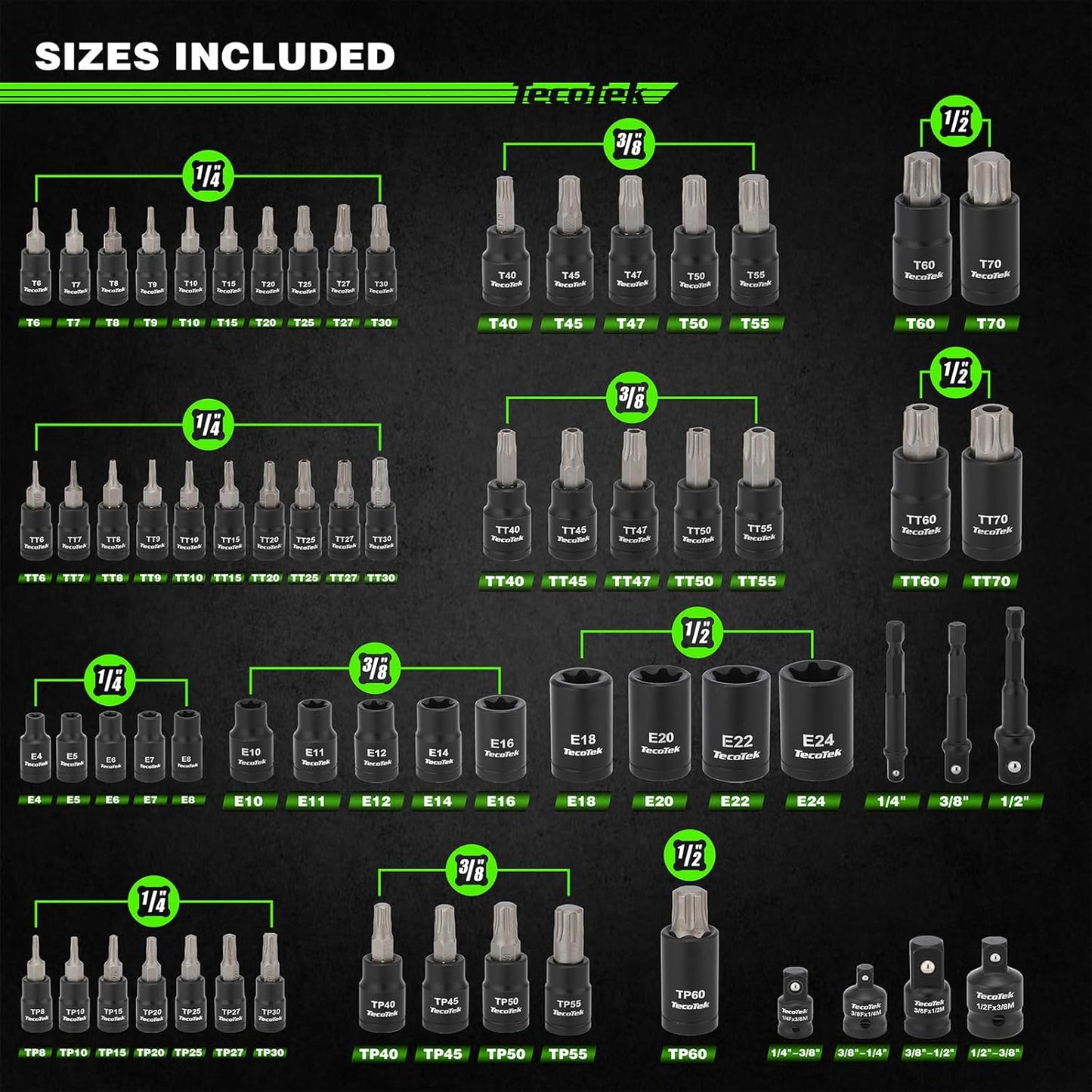 67-Piece Master Torx Bit Socket and External Torx Socket Set, 1/4", 3/8" and 1/2" Drive, S2 and Cr-V Steel, E4 - E24, T6 - T70, TT6 - TT70, TP8 - TP60, Includes 7PCS Socket Adapters