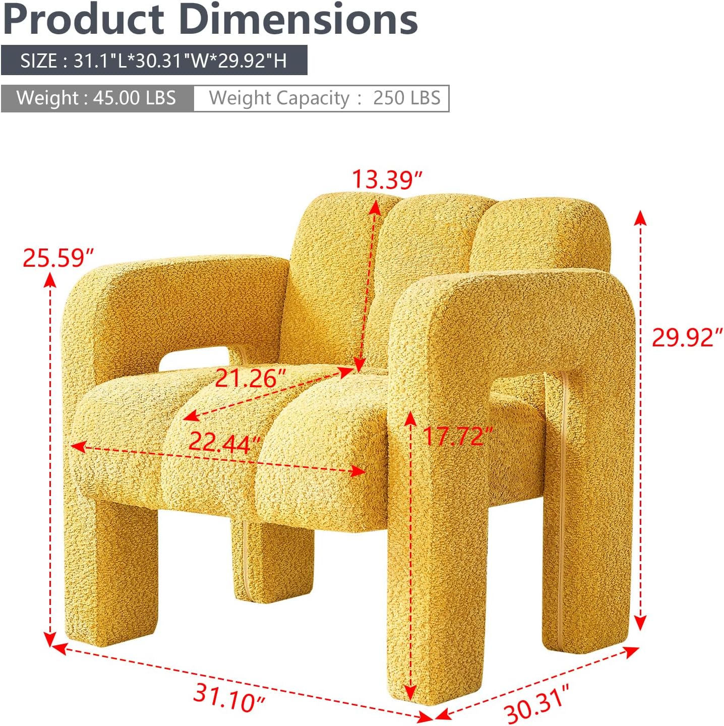 31" Boucle Accent Chair, Contemporary Designed Armchair,Upholstered Vanity Chair, Leisure Lounge Chair Reading Side Chairs for Living Room, Bedrooms, Office, Yellow