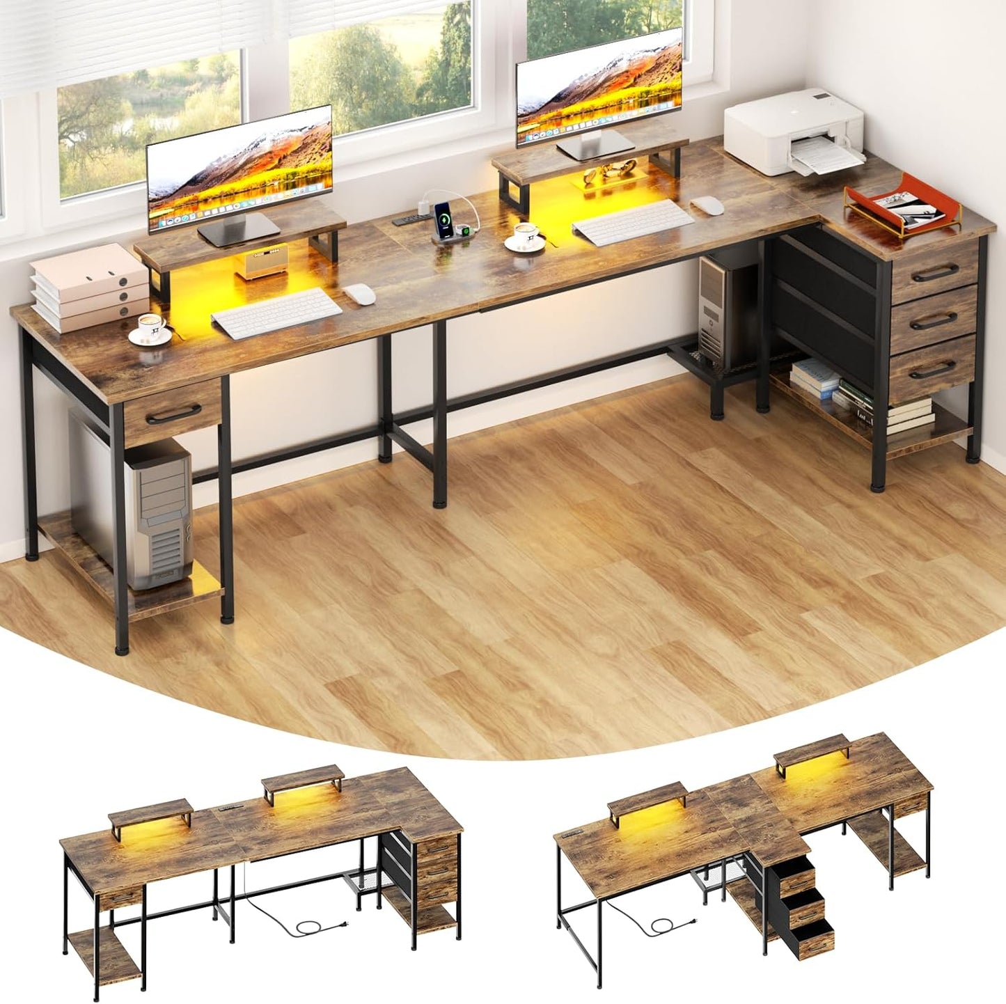 93" White 2 Person Office Desk, Long Computer Gaming Desk with Power Outlets & LED Lights, Large Home Office Desk with 4 Storage Drawers & 2 Monitor Stand for Work Writing Study