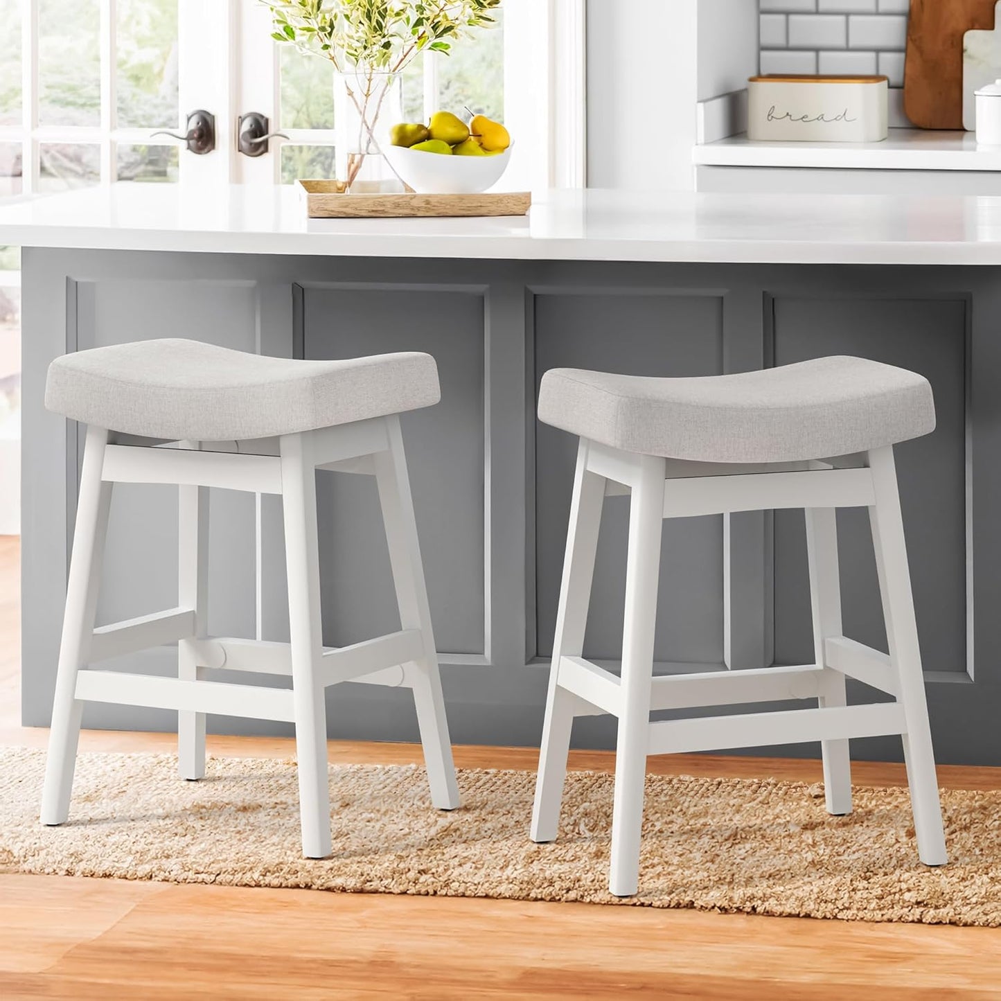 Bar Stools Set of 3, Barstools with Sturdy Wood Legs, Saddle Seat Counter Height Bar Stools for Kitchen Counter, Bar, Dining, 24 Inch Farmhouse Counter Stools, Antique White Leather