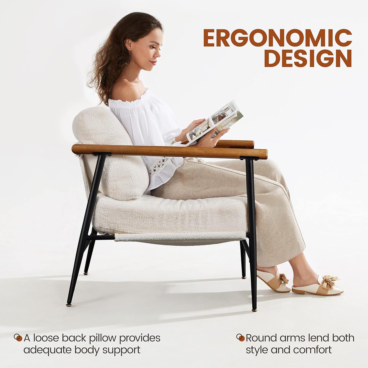 Topeakmart Mid-Century Boucle Accent Chair, Reading Chair with Stylish Boucle Fabric, Lounge Chair with Ultra-Long Armrest and Extra-Wide Seat for Living Room Lounge Office, Ivory, 2PCS