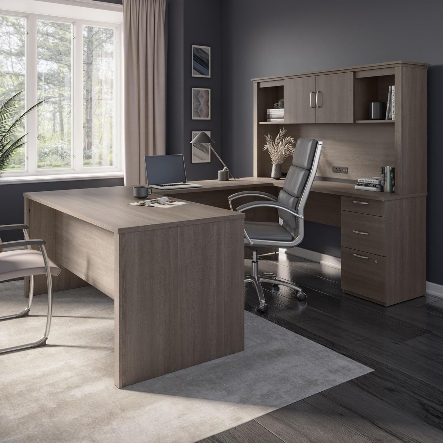 Bestar Logan 66W U or L-Shaped Executive Office Desk with Pedestal and Hutch in Bark Grey, Table Workstation for Personal Home Workspace