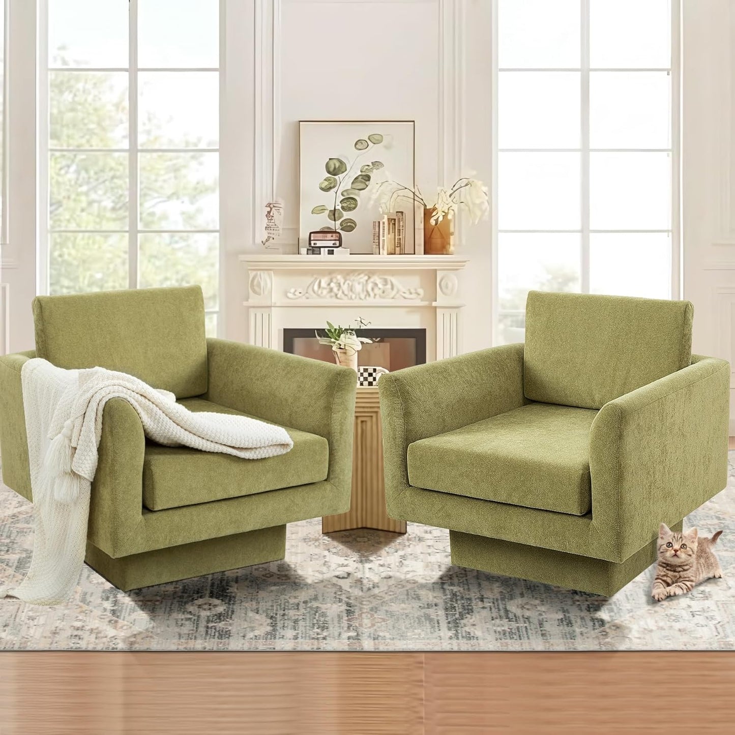 Swivel Accent Chair Set of 2, Modern Swivel Barrel Chair Sofa, Wide Upholstered Armchair with Back Pillow for Living Room, Reading Nook, Bedroom-Cream