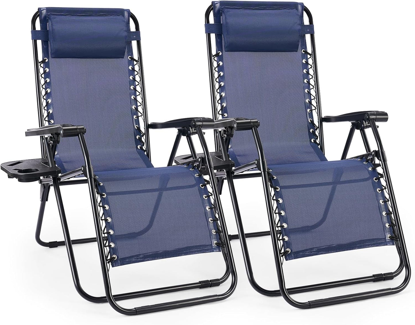 Sweetcrispy Zero Gravity Chairs, Set of 2 Portable Recliner Beach Camping Patio Outdoor Folding Lounge Chair with Cup Holder Trays and Adjustable Pillow for Poolside, Garden, Backyard, Lawn (Blue)