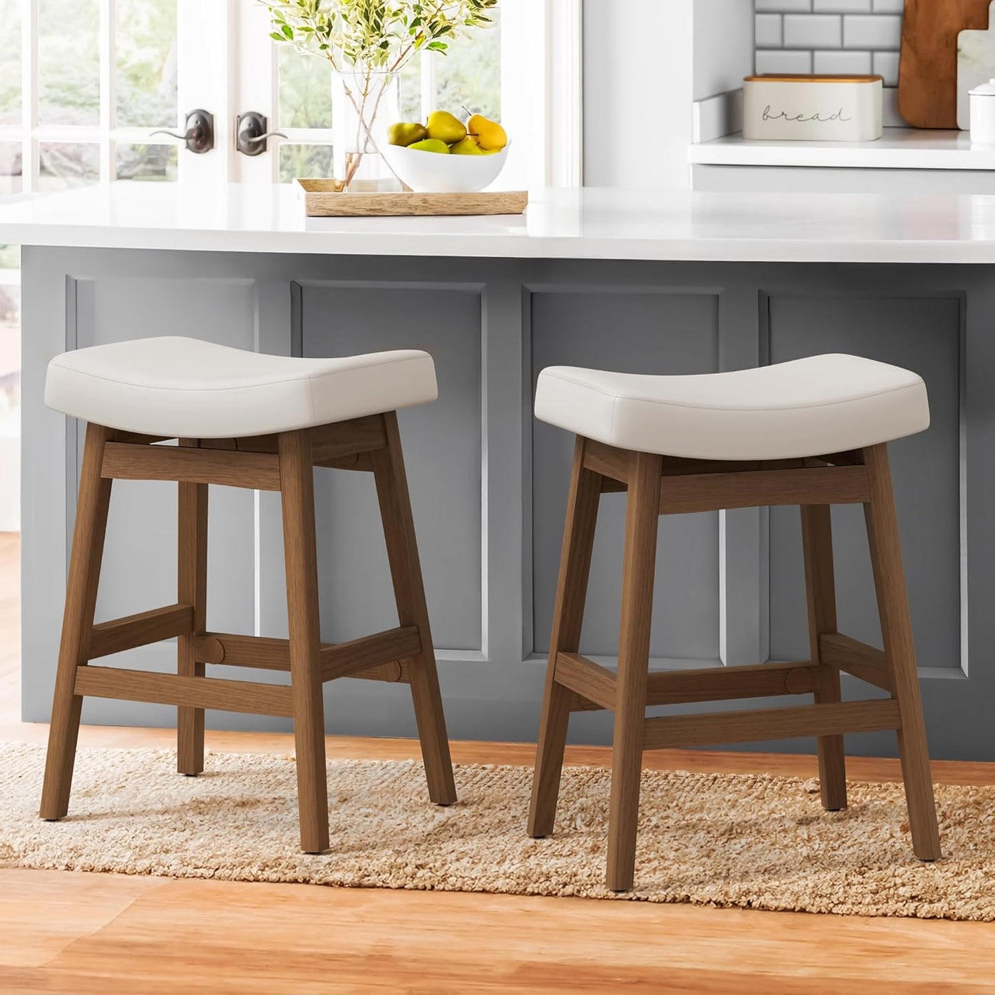 Bar Stools Set of 3, Barstools with Sturdy Wood Legs, Saddle Seat Counter Height Bar Stools for Kitchen Counter, Bar, Dining, 24 Inch Farmhouse Counter Stools, Antique White Leather