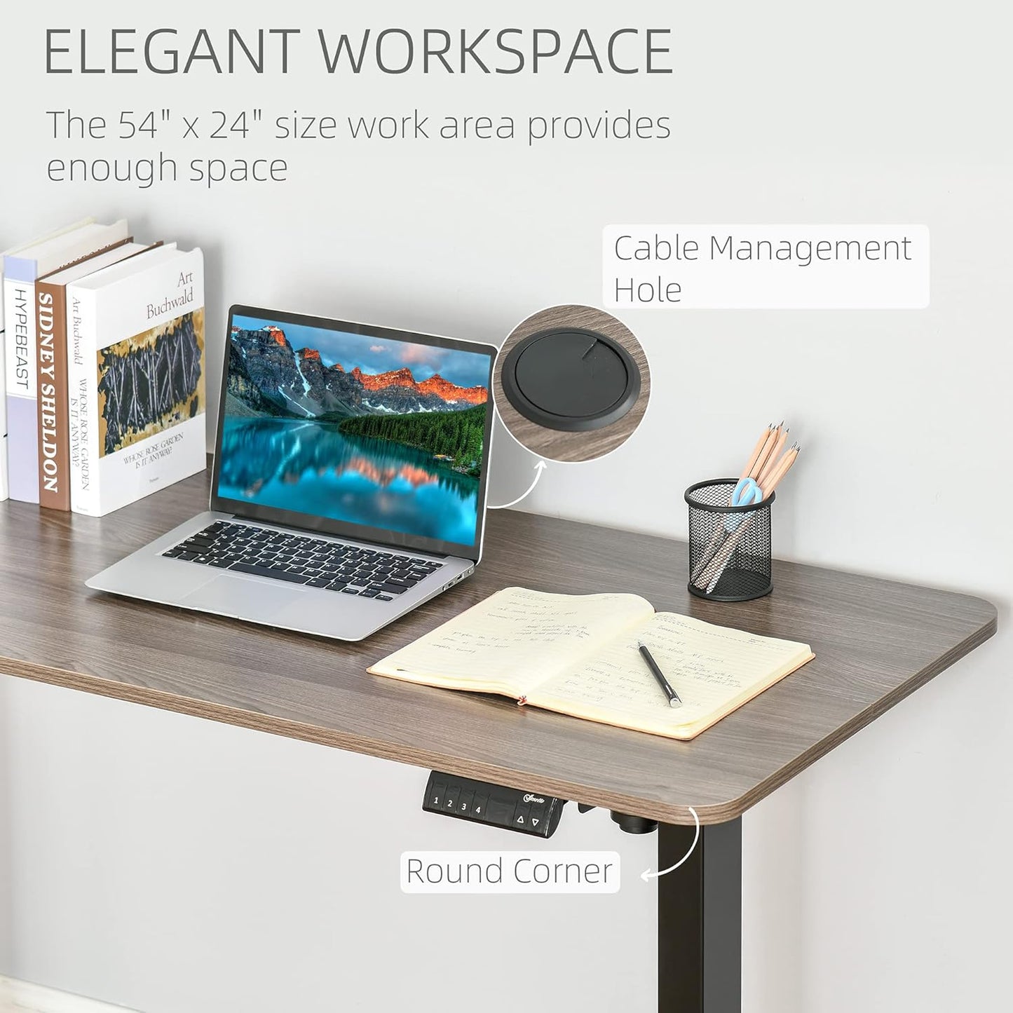 Vinsetto Electric Height Adjustable Standing Desk with 54" Desktop, Sit Stand Home Office Desk with Memory Button Control and Anti-Collision System, Teak/Black