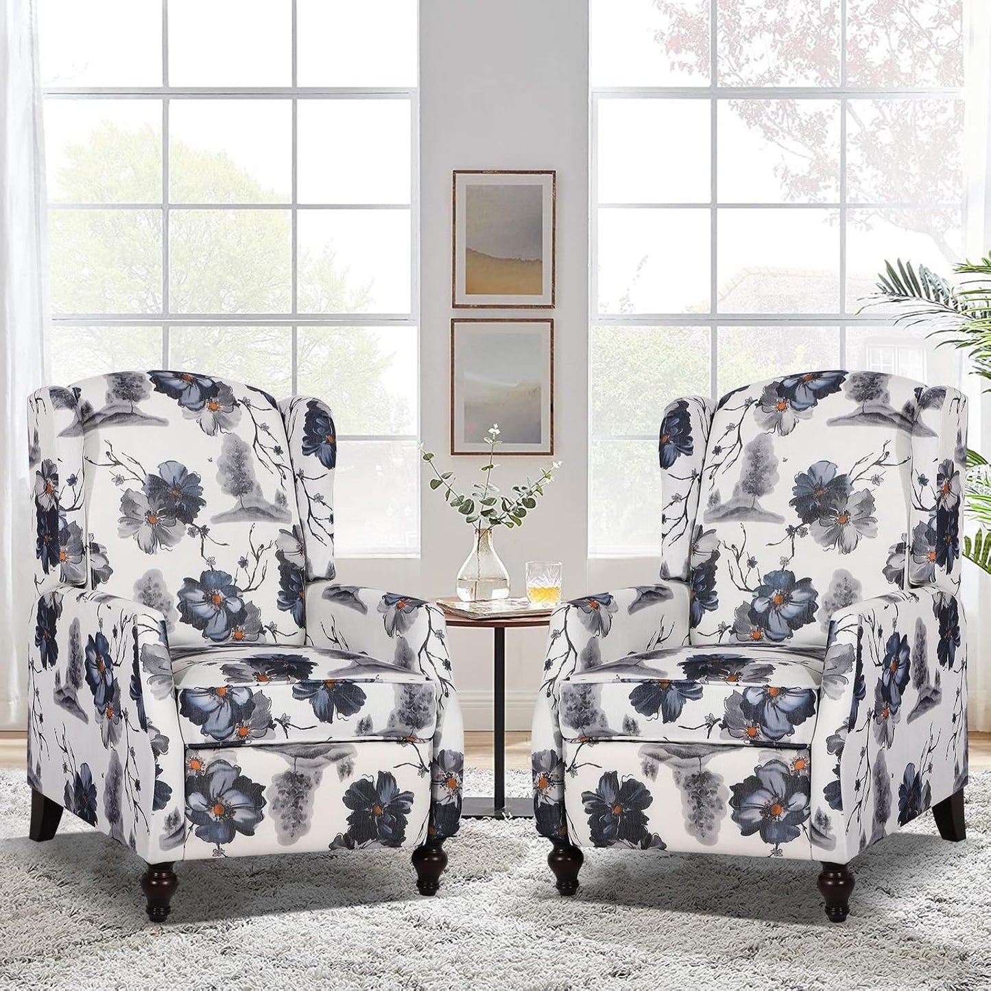 Wingback Recliner Chair - Tufted Arm Chair Recliner - Fabric Push Back Single Sofa for Living Room Adjustable Backrest (Pair, Blue Floral)