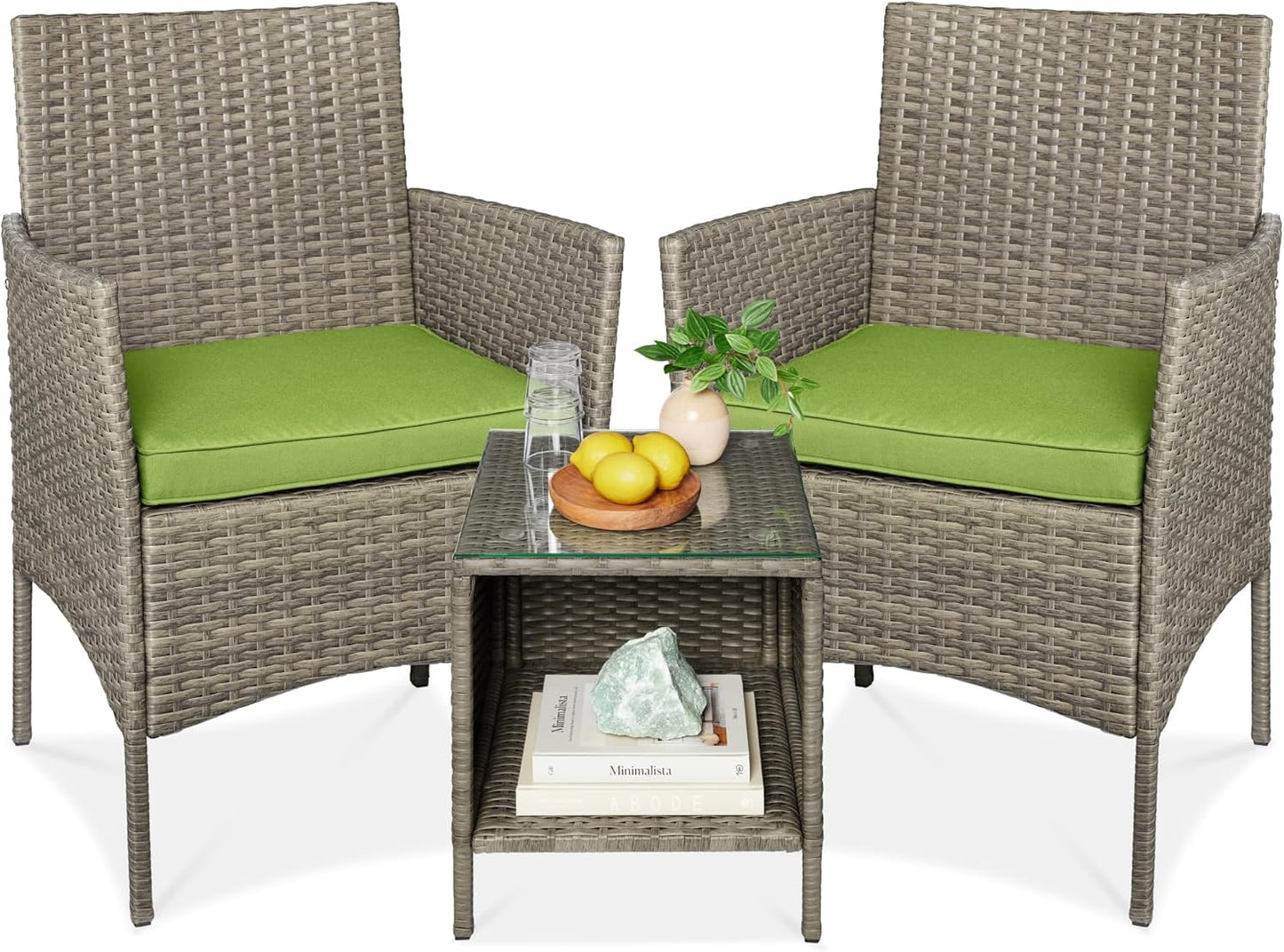 Best Choice Products 3-Piece Outdoor Wicker Conversation Bistro Set, Space Saving Patio Furniture for Garden w/Side Table - Gray/Navy