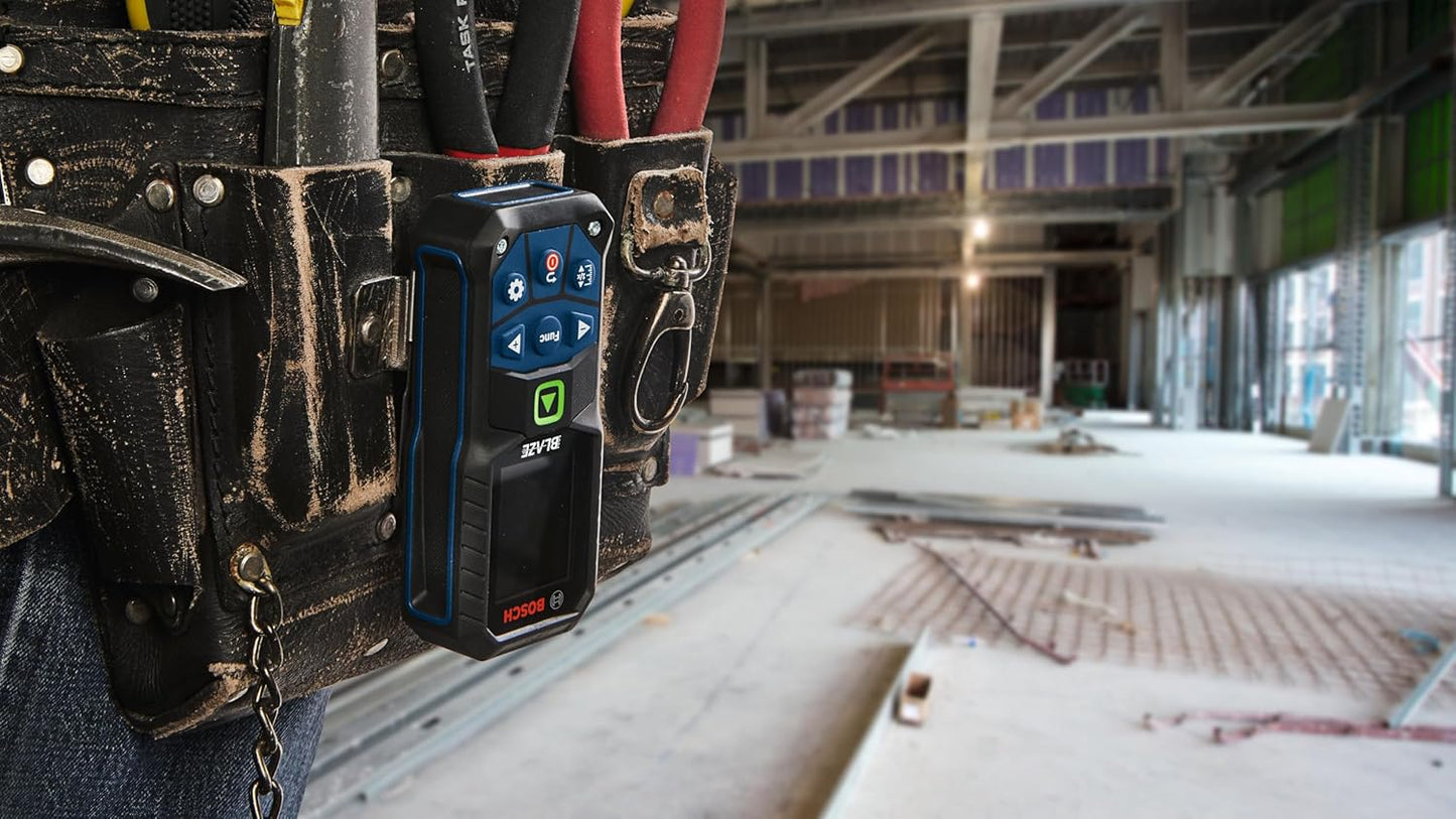 BOSCH GLM165-27CGL 165 Ft Blaze Green-Beam Laser Distance Measure with 3.7V Lithium-Ion 1.0 Ah Battery, Includes 1.0 Ah 3.7V Lithium-Ion Battery, Belt Clip, & Pouch
