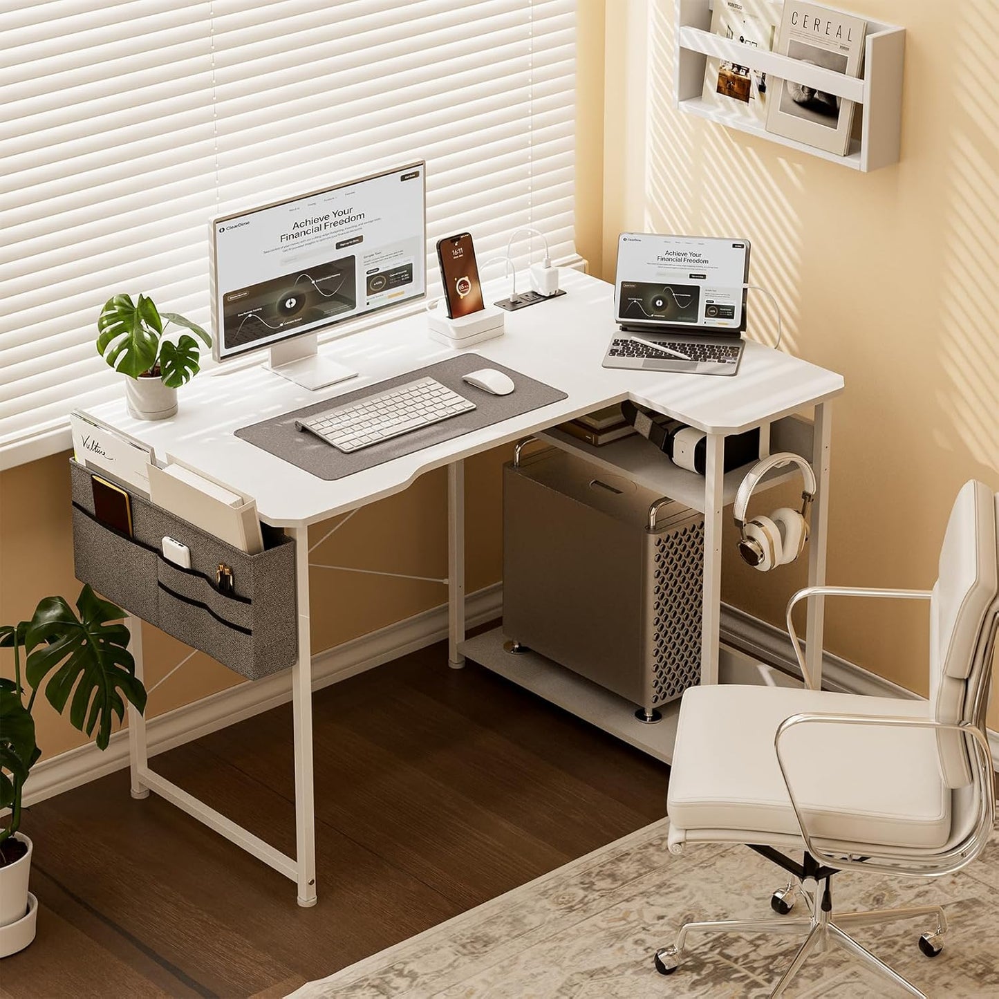 Small Gaming Desk with Power Outlets, 40 Inch L Shaped Desks with Reversible Shelves and Storage Bag,Computer Desk Corner Desk PC Desk for Gaming and Home Office Table,White