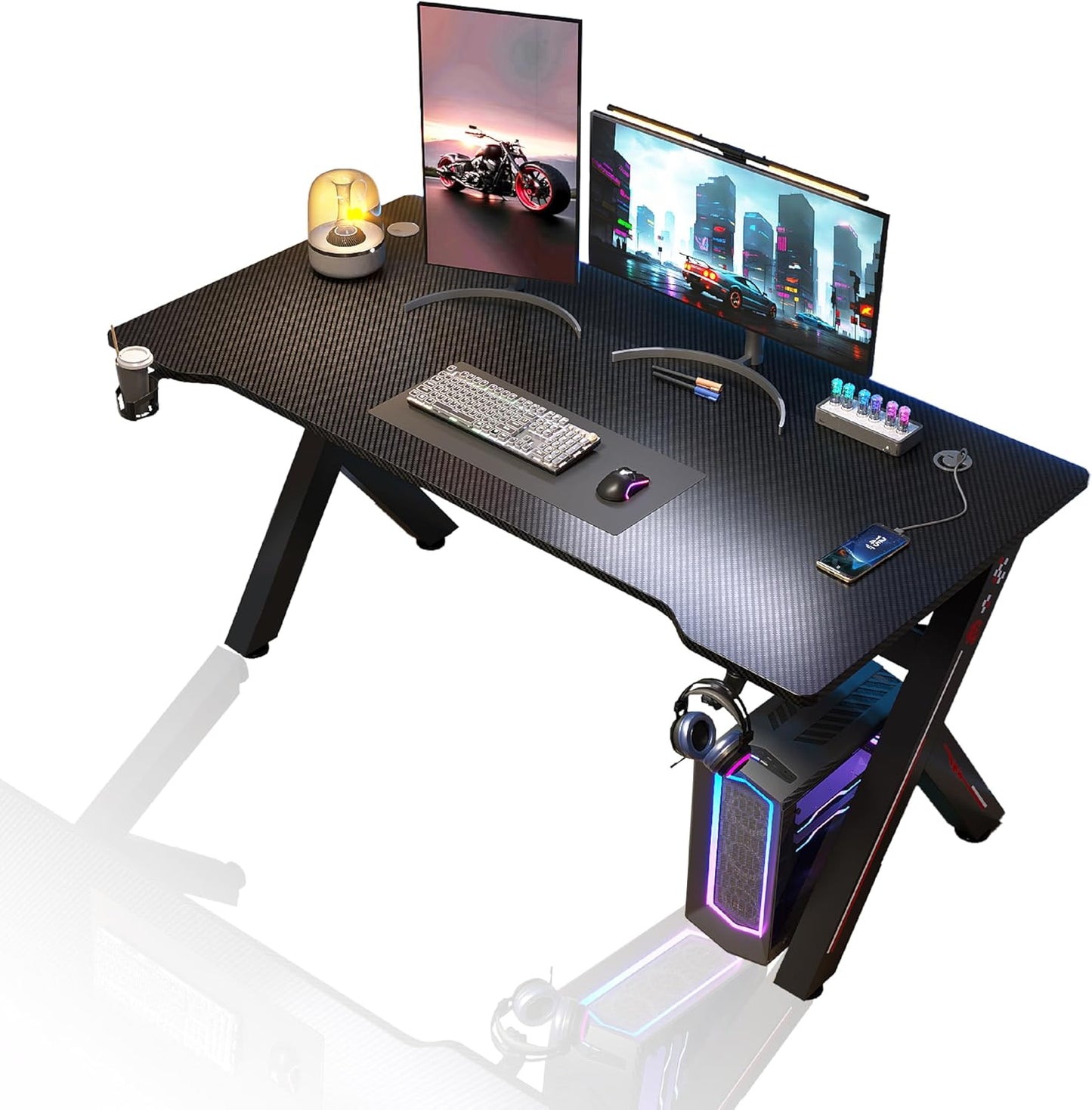AZN Gaming Desk, 55'' Computer Desk, Gaming Desk w/LED Lights & Carbon Fiber Desktop, Home Office Desks w/Ergonomic Design, Computer Desks w/Cup Holder, Headphone Holder, Cable Organizer