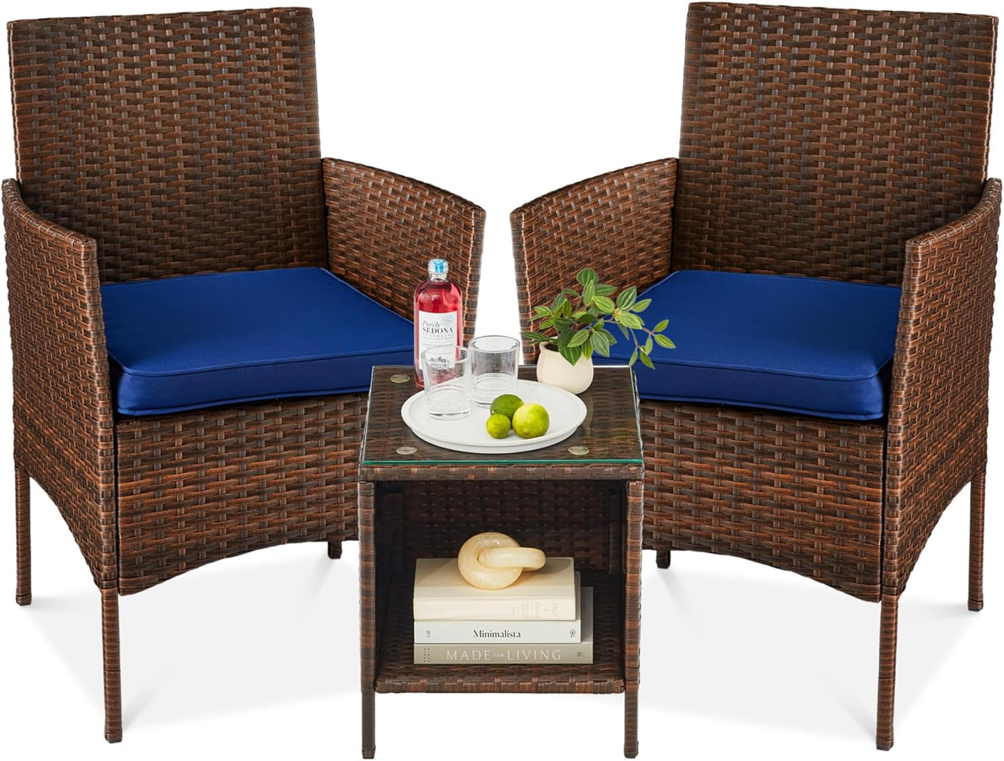Best Choice Products 3-Piece Outdoor Wicker Conversation Bistro Set, Space Saving Patio Furniture for Garden w/Side Table - Gray/Navy