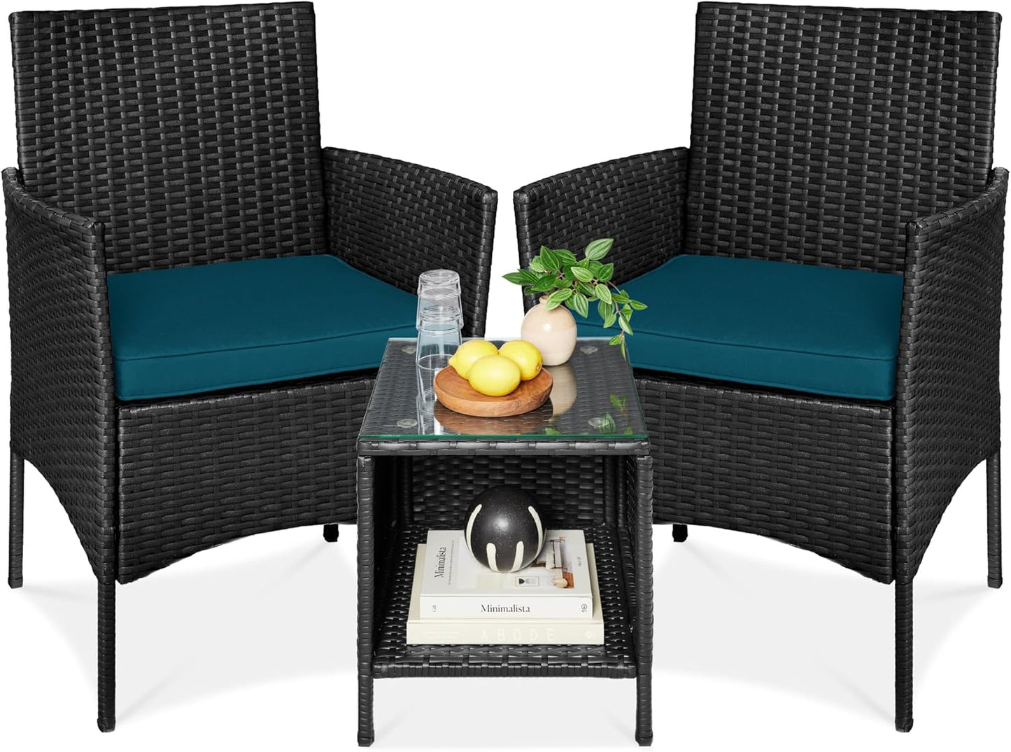 Best Choice Products 3-Piece Outdoor Wicker Conversation Bistro Set, Space Saving Patio Furniture for Garden w/Side Table - Gray/Navy