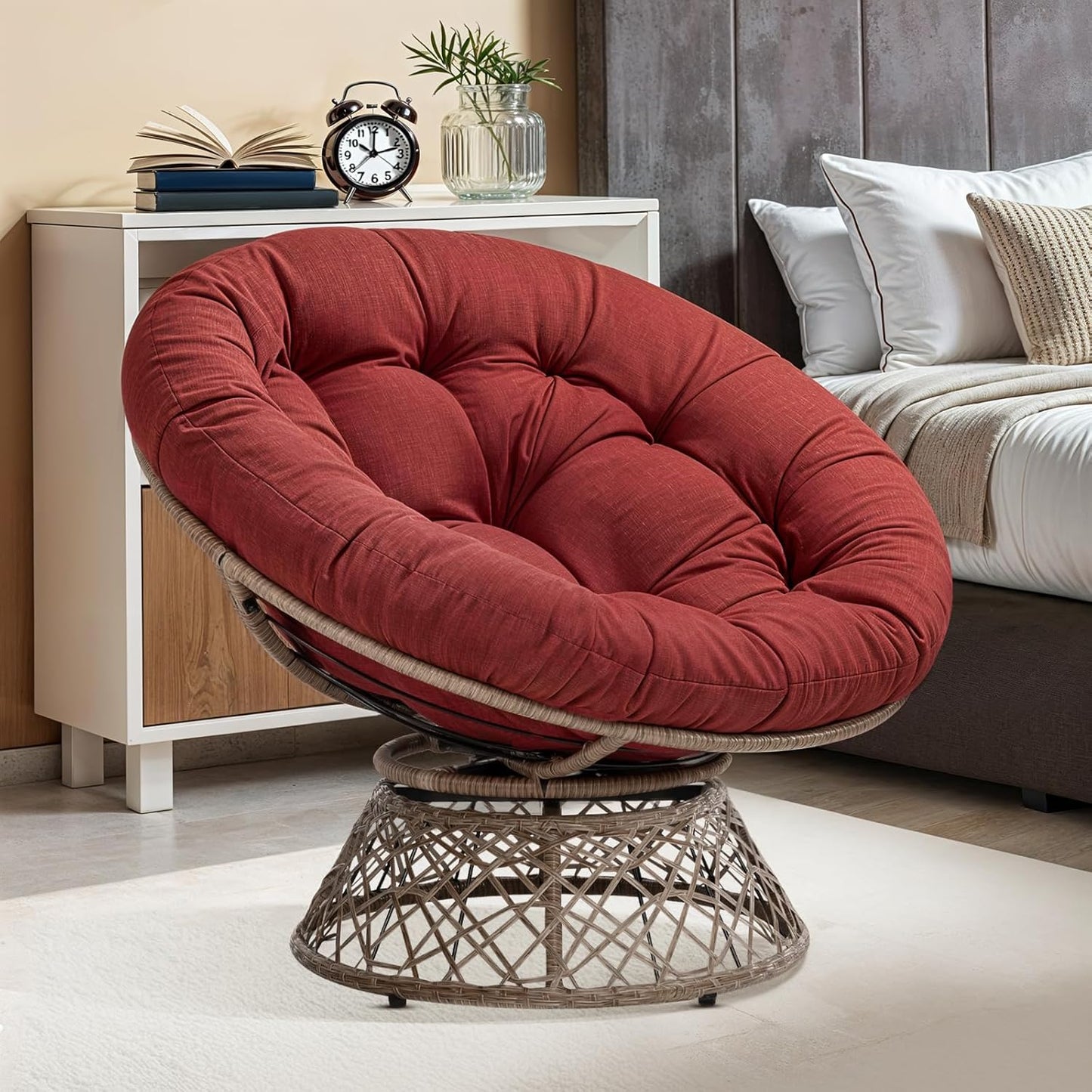 Bme 40" Ergonomic Wicker Papasan Chair with Soft Thick Density Fabric Cushion, High Capacity Steel Frame, 360 Degree Swivel for Living, Bedroom, Reading Room, Lounge, Silver Cloud - Black Base