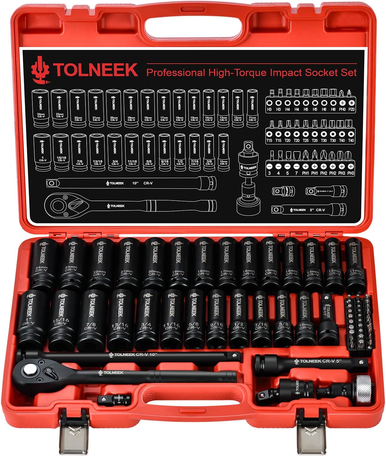 63-Piece 1/2" Drive Impact Socket Set, SAE (3/8 to 1 inch) and Metric (10-24mm) Socket Wrench Set with Extension Bars, Palm Ratchet Kit, CR-V Steel for Auto/Industrial Repairs