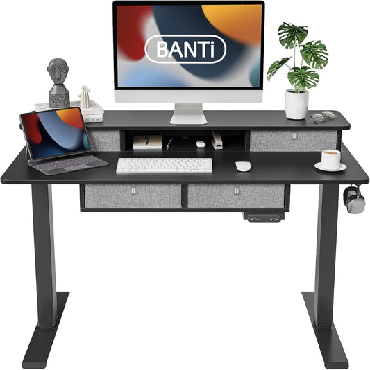BANTI Height Adjustable Electric Standing Desk with 4 Drawers, 48 x 24 Inch Table with Storage Shelf, Sit Stand Desk, Black Top