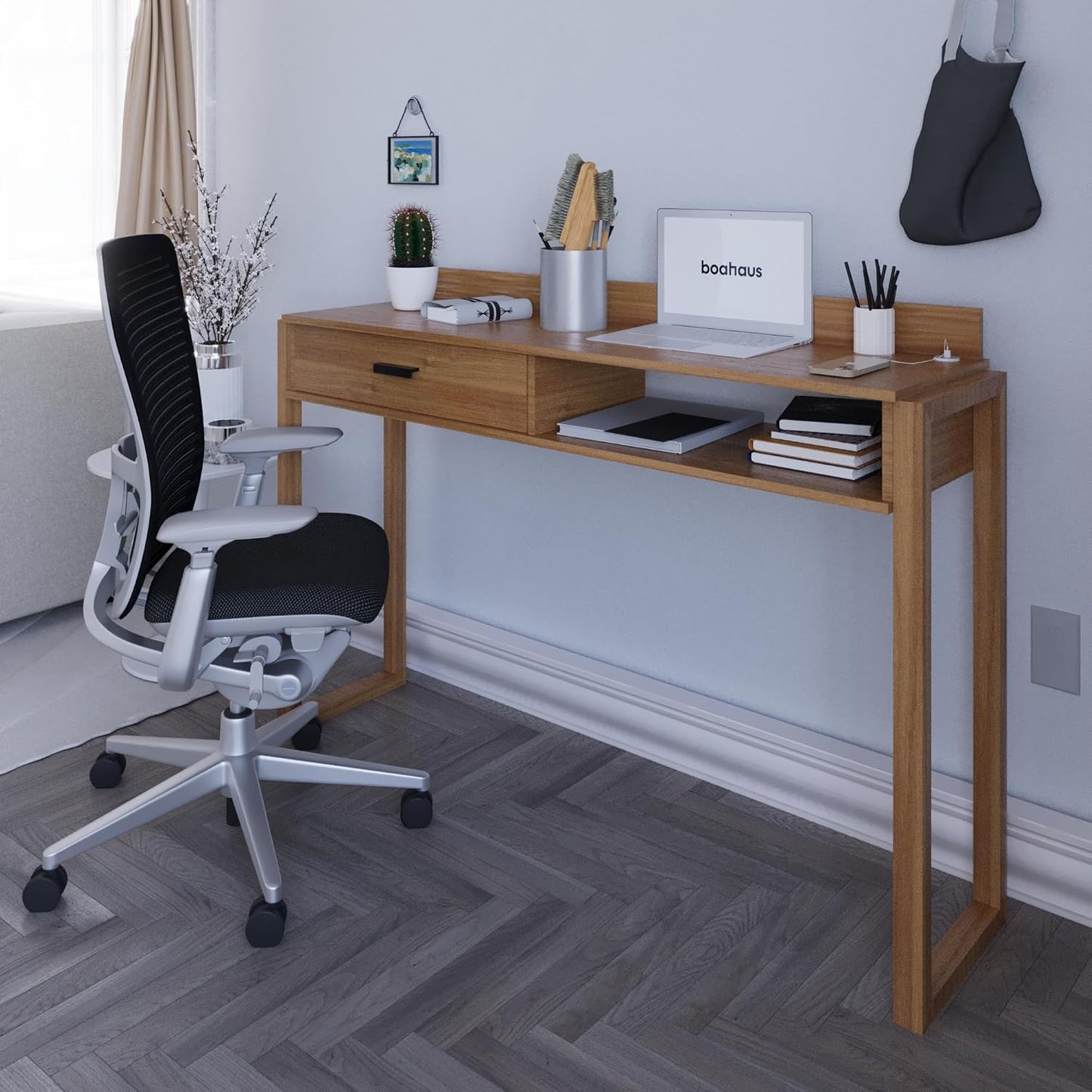 Boahaus Modern Computer Desk with USB Port & Storage - White/Brown - Space-Saving Home Office Desk