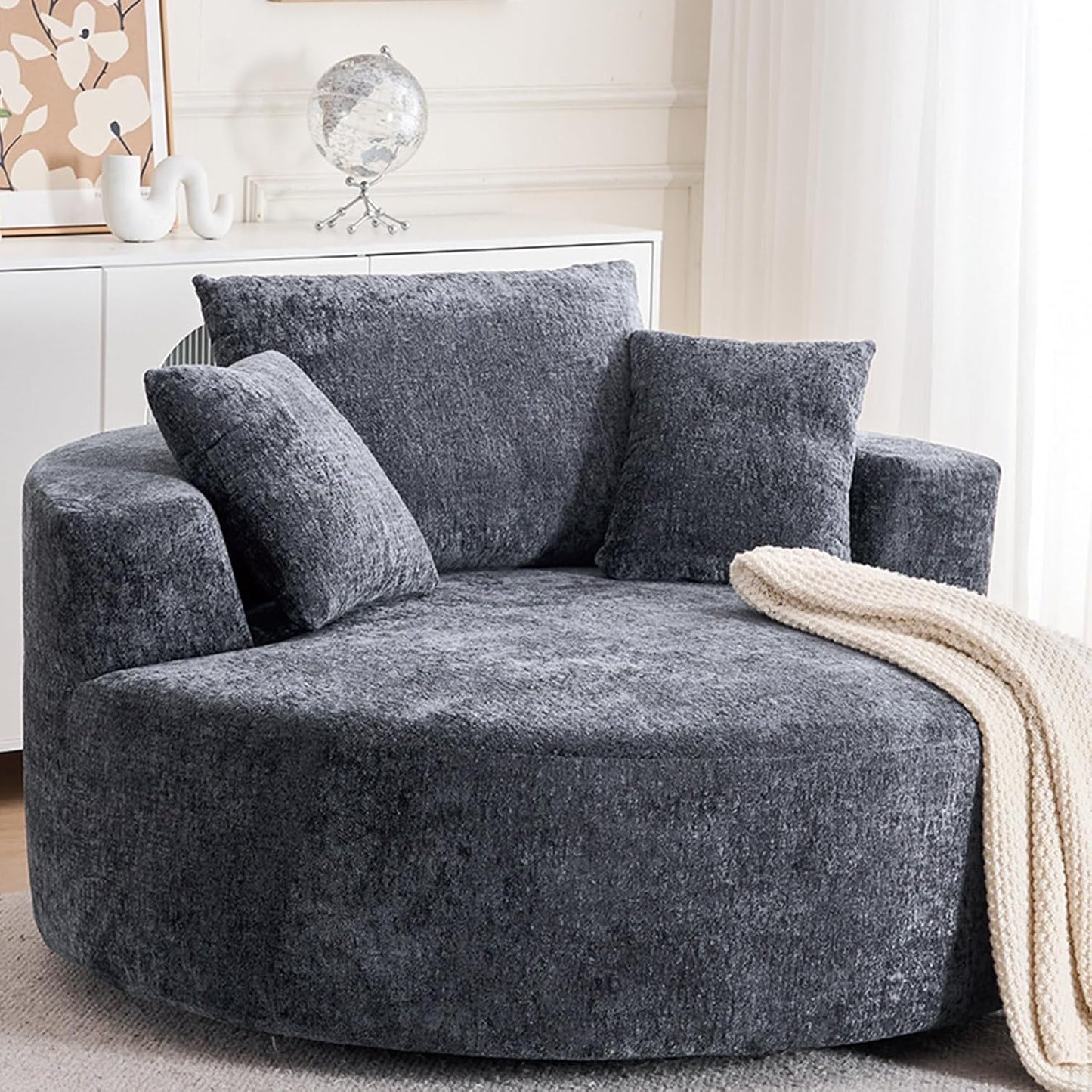 54.33" Oversized Round Chaise Longue Chair Indoor, 360° Swivel Round Upholstered Sofa, Modern Chenille Accent Chair with Pillow for Living Room, Bedroom Apartment,Green