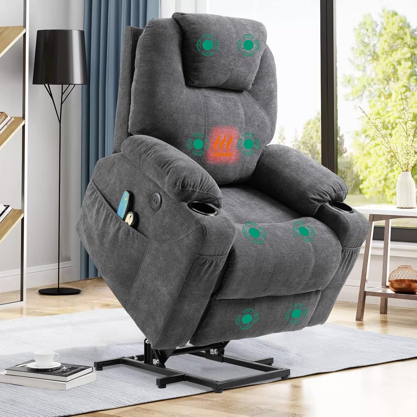 VIVIJASON Power Lift Chair Electric Recliner for Elderly Heated Vibration Massage Faux Leather Recliner Chair with 2 Remote Controls, Cup Holders, Side Pockets & USB Ports for Living Room (Black)