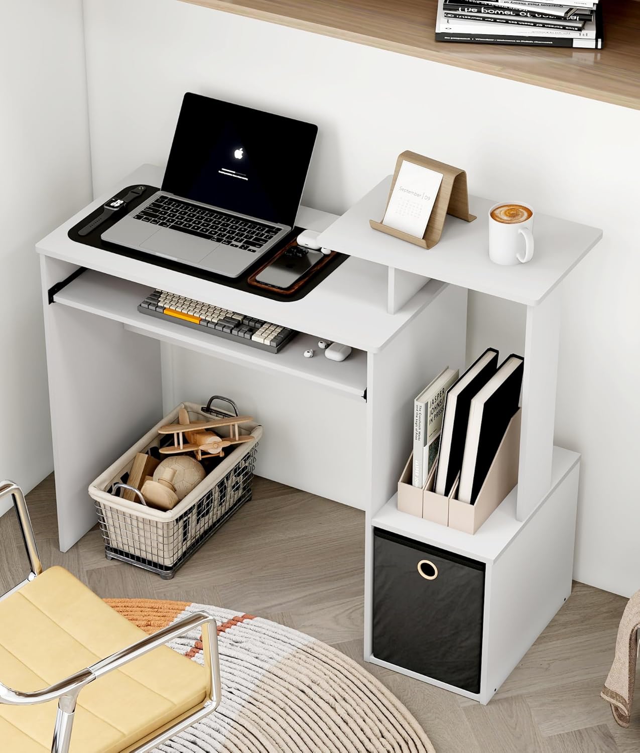 Small Computer Desk for Bedroom, Home Office Desk with Drawers Storage Shelves for Living Room Study Bedroom, Dark Walnut/Brown