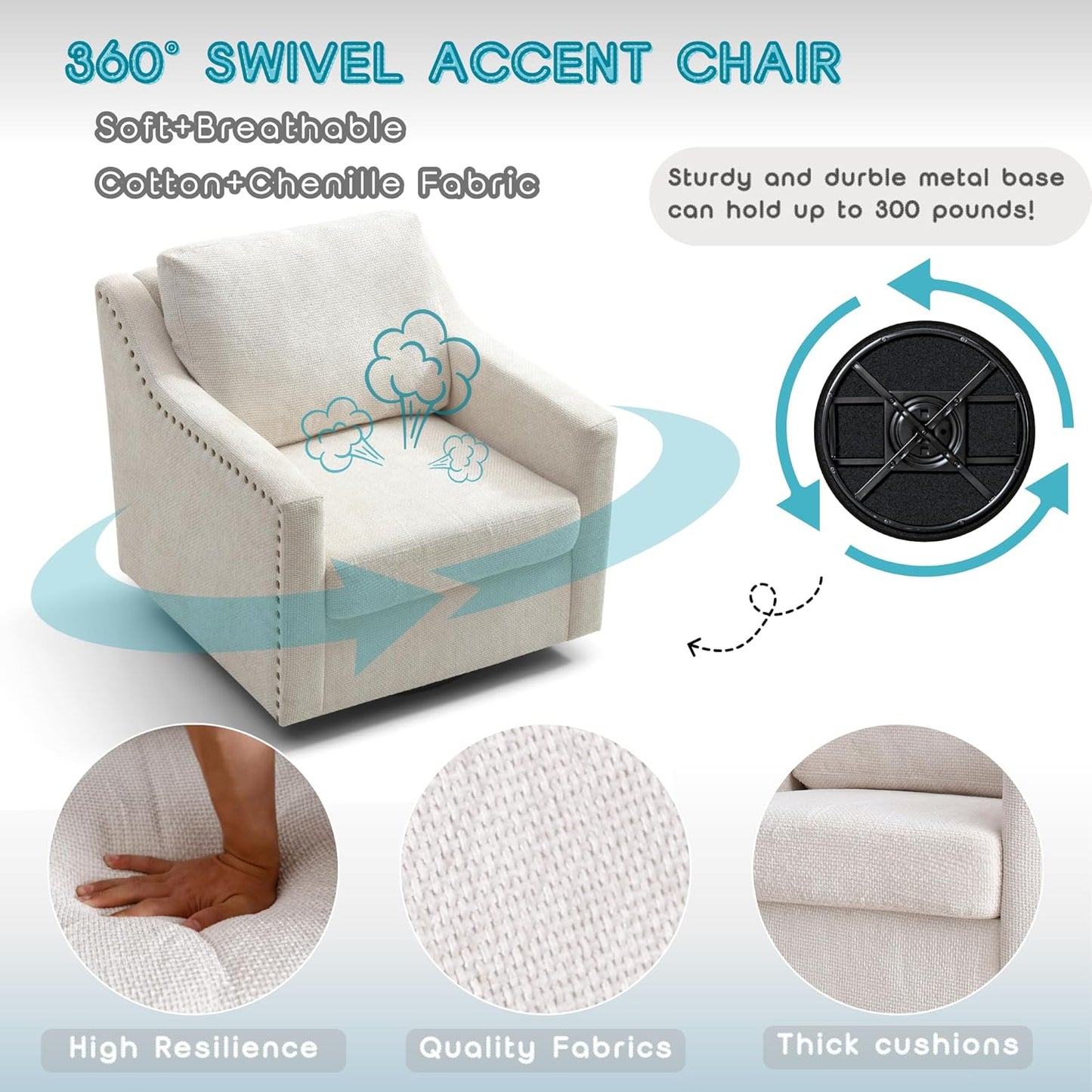 Swivel Accent Chair Oversized Arm Chair with Chenille Fabric Comfy Reading Barrel Chair Modern Living Room Chair with Thick Soft Cushion Wide Single Sofa Chair for Living Room (Beige, Set of 2)