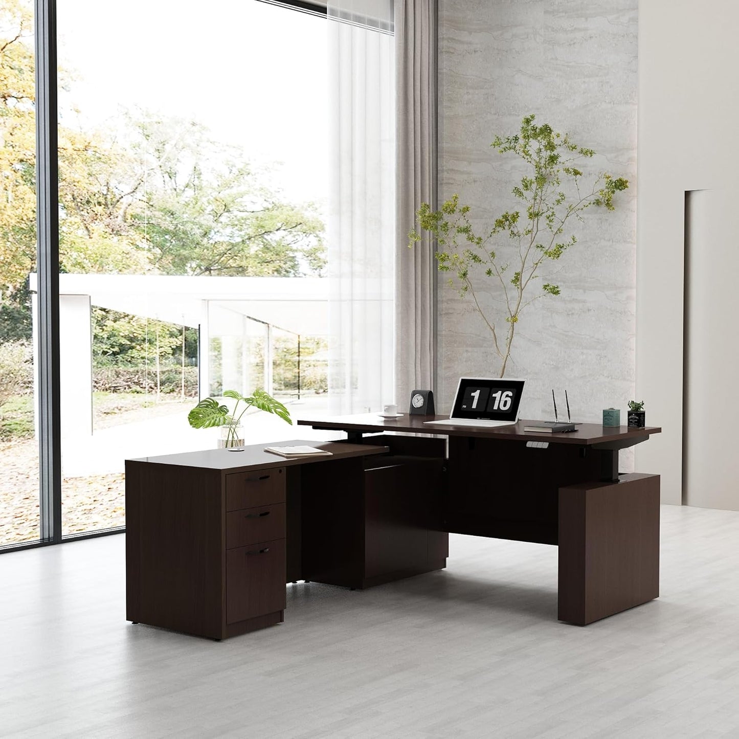 66.93'' Height Adjustable L-Shaped Executive Desk with Drawers and Shelves (Espresso)