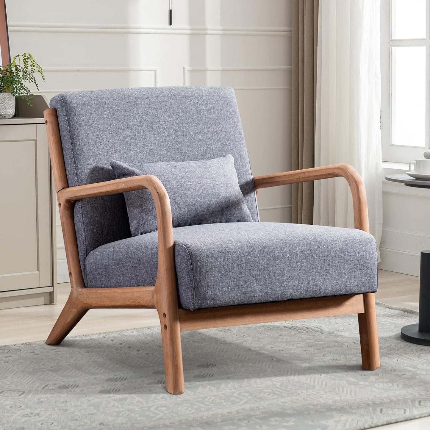 ANJ Modern Arm Chairs Set of 2, Mid-Century Modern Accent Chair Upholstered Lounge Chair with Pillow and Solid Wood Frame, Comfy Lambswool Chairs for Living Room