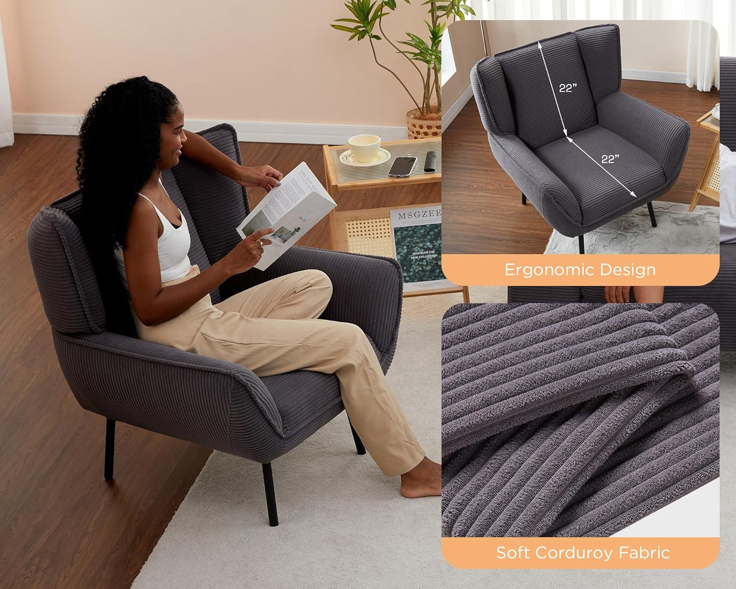 AMERLIFE Accent Chair Set- Wingback Upholstered Living Room Chair, Grey Reading Armchair for Bedroom, Comfy Corduroy Chair Set of 2