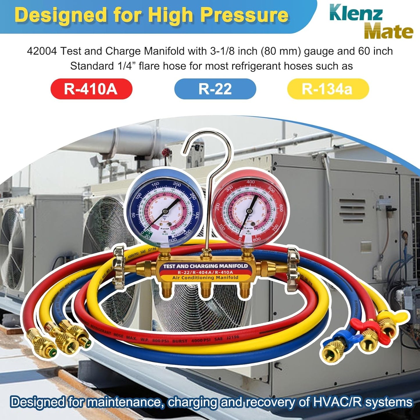 42004 Test and Charging Manifold with 3-1/8" (80 mm) Gauges, 1/4" Standard Flare Fitting, HVAC Color-Coded Gauges with 60" Hoses, 2-Valve, HVAC Manifold for R-22/404A/410A, Yellow/Red/Blue