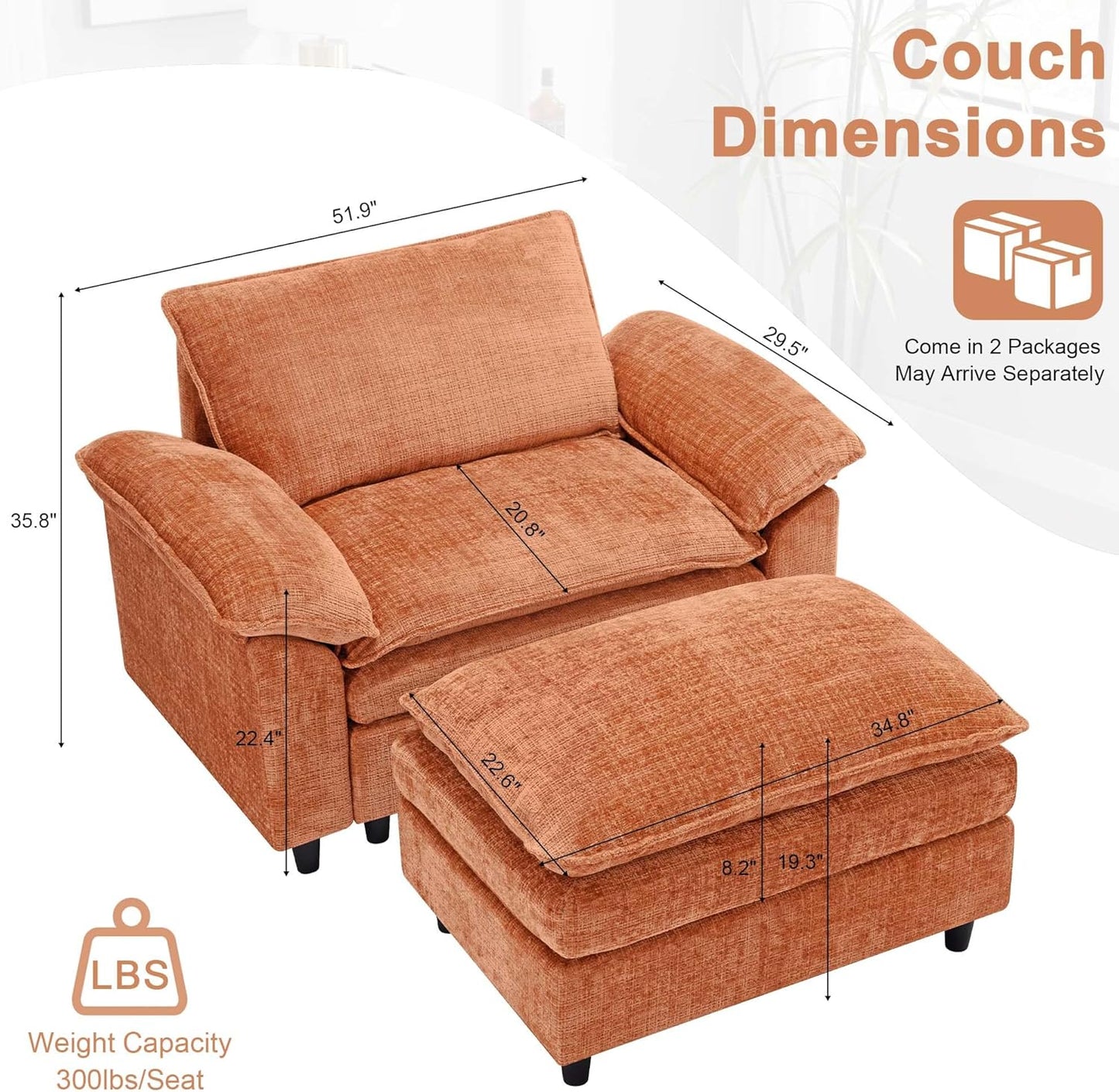51.9" Orange Oversized Cloud Accent Chair with Ottoman, Modern Chaise Lounge Chair Indoor, Comfy Chenille Single Sofa Couch Chair for Living Room Apartment Office