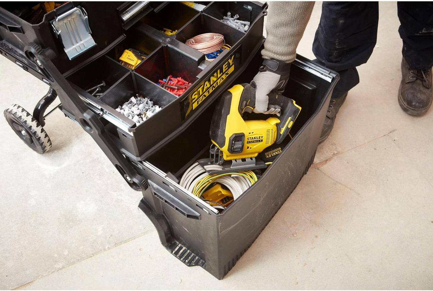 Stanley 1-94-210 FatMax Range Cantilever Workshop Trolley - Removable Divider Organiser - V-Slot for Extra Cutting - Telescopic Handle - Locking Latch - Large Diameter Wheels