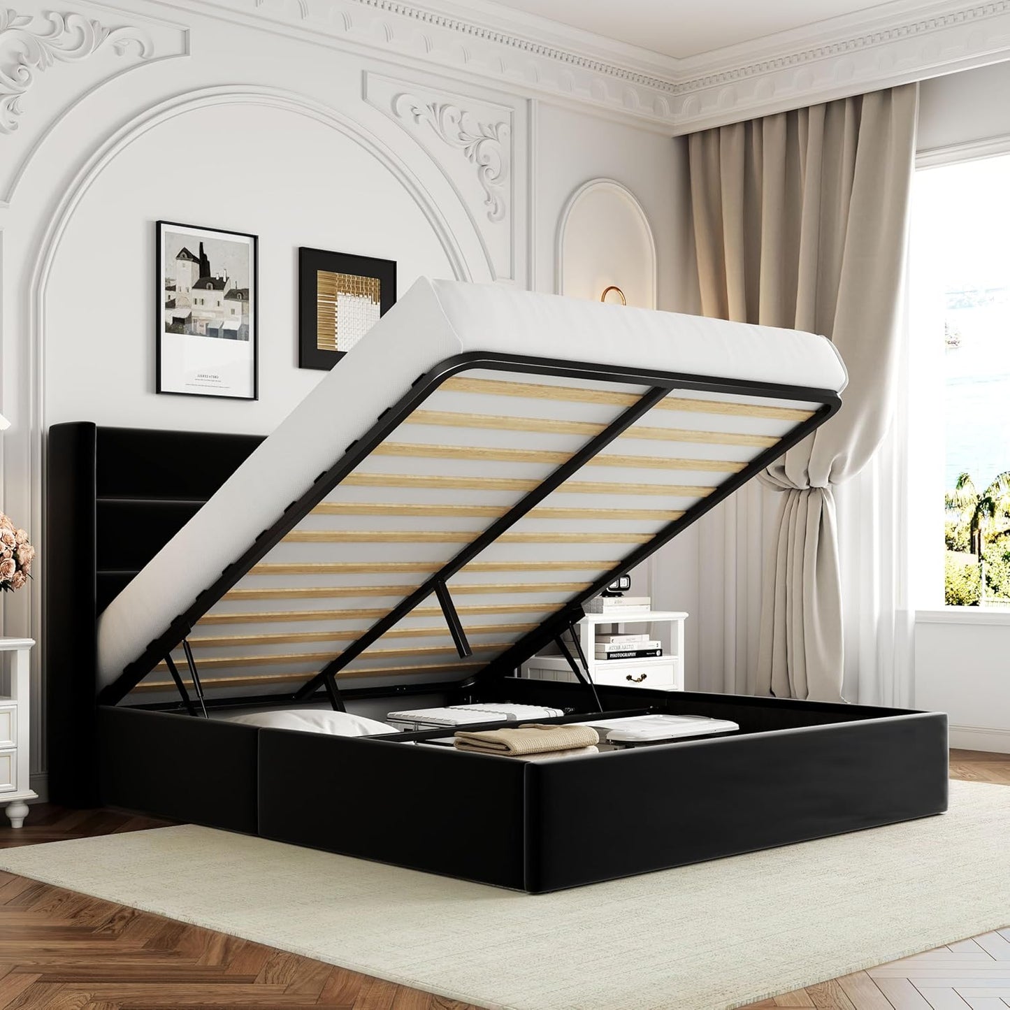 Allewie King Size Lift Up Storage Bed, Modern Wingback Headboard, Hydraulic Support, No Box Spring Needed, Light Beige