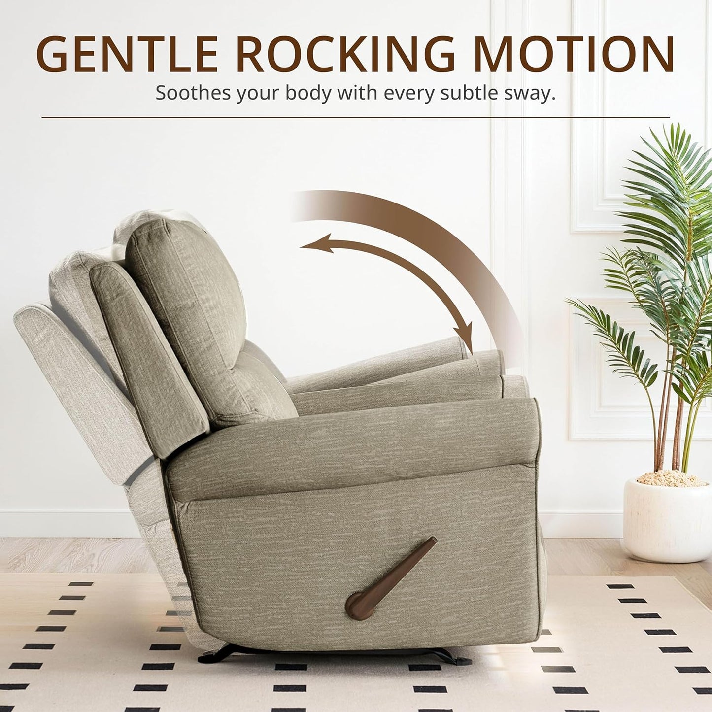 Swivel Rocker Recliner Chair, Manual Rocking Chair with Spring Cushion for Adults, Nursery Recliner with Overstuffed Backrest and Armrests for Living Room, Grey