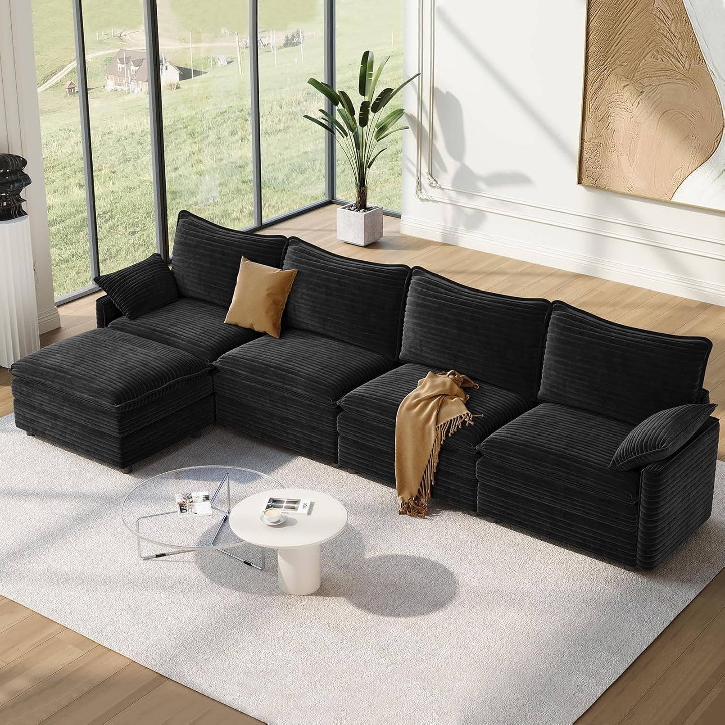 Vesgantti 108" Modular Sectional Sofa, Comfy Cloud Couch with Movable Ottoman Deep Seat Chenille L Shaped Modular Sofa, Sectional Couches for Living Room, Bedroom and Apartment, Beige