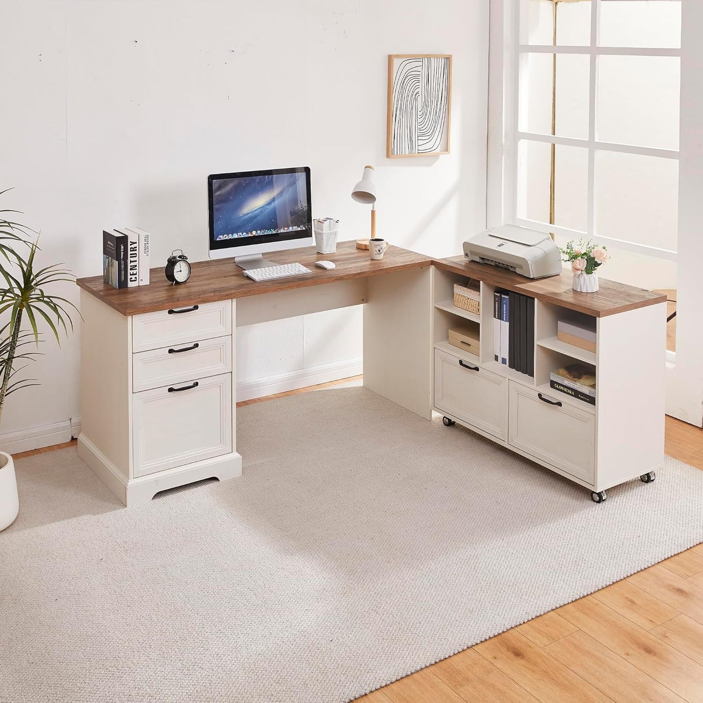 60" L-Shaped Executive Desk with 40" File Cabinet,Farmhouse Home Office Desk with Charging Station,Wood Computer Desk Set for Office Work,Home Study (Brown)