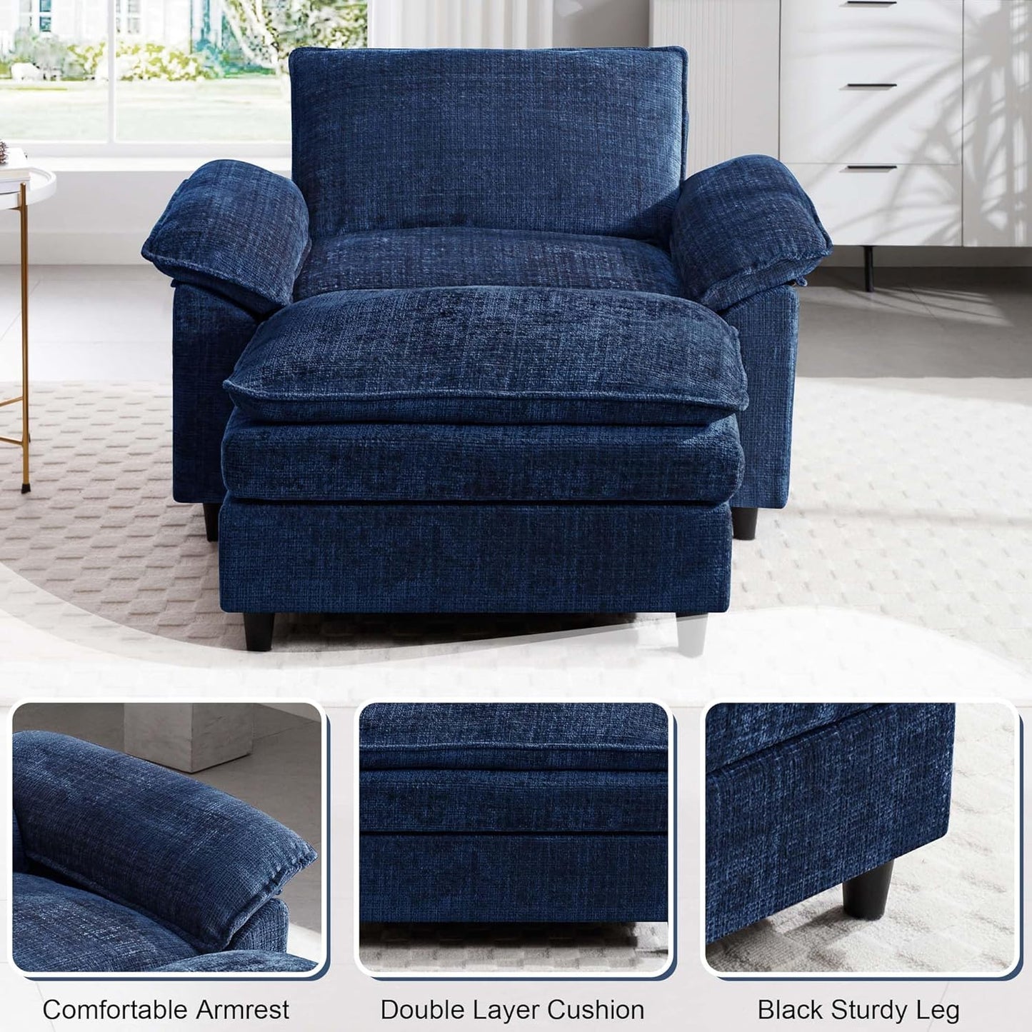 51.9" Blue Oversized Cloud Accent Chair with Ottoman, Modern Chaise Lounge Indoor, Comfy Chenille Single Sofa Couch Chair for Living Room Apartment Office