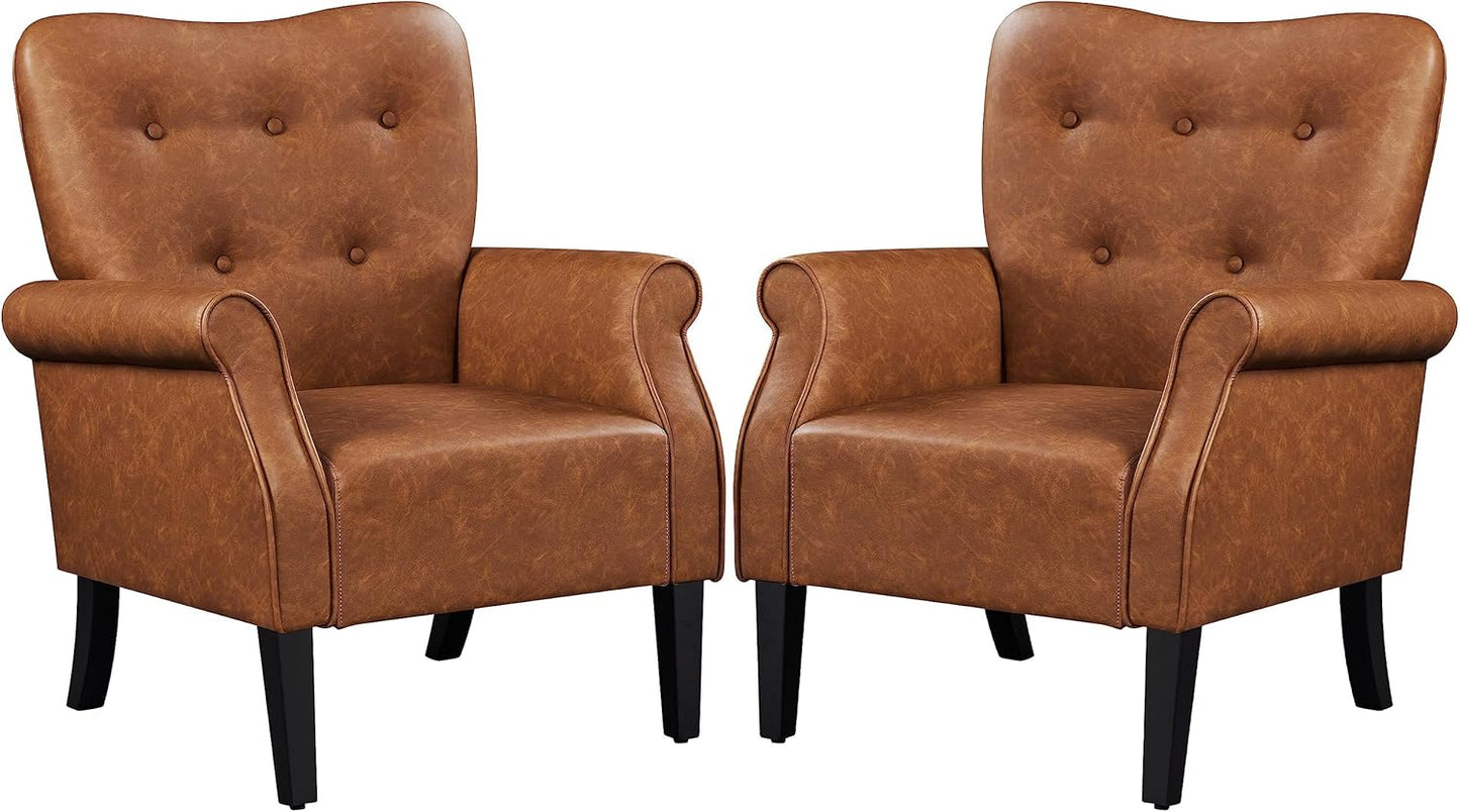 Topeakmart Fabric Accent Chair, Modern PU Leather Armchair with Wooden Legs, High Back and Comfortable Cushioned Seat for Living Room Bedroom Retro Brown 2 Piece