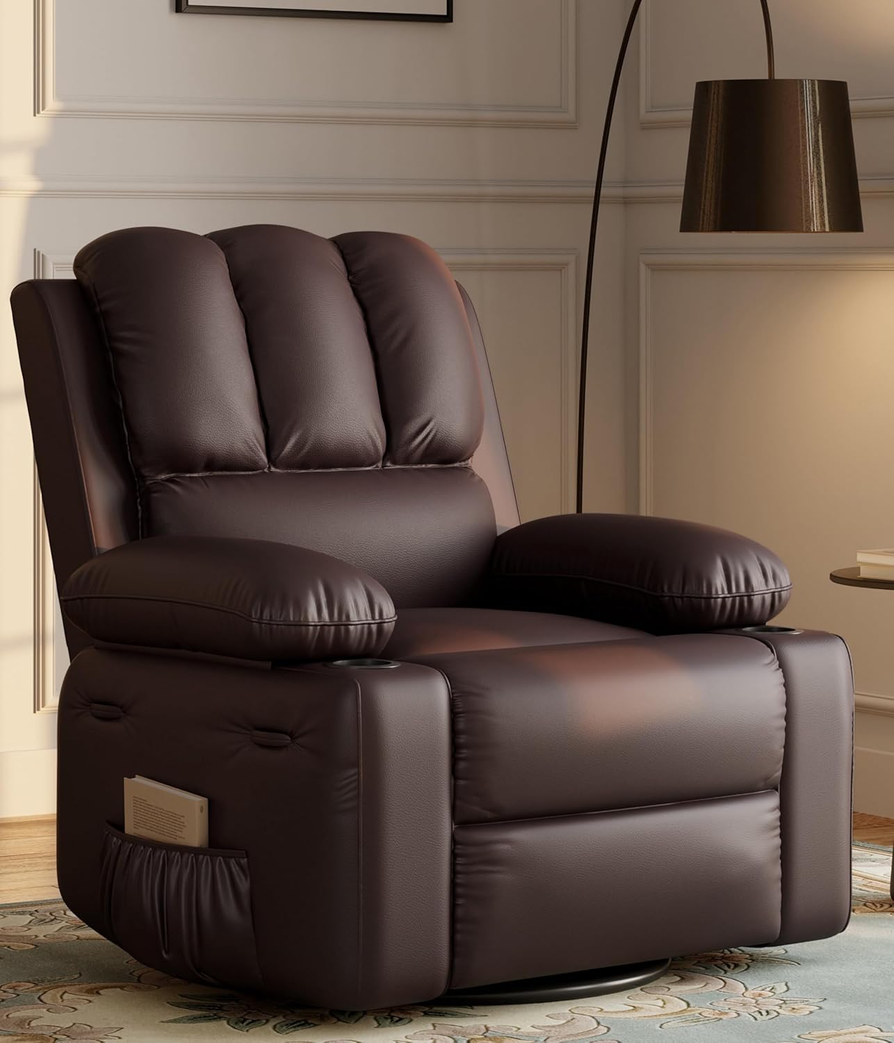 22'' Manual Recliner Chair for Adults, PU Leather Recliner with Cup Holders and Side Pockets, Ergonomic Design for Nursery, Living Room, Bedroom, and Home Theater, Grey