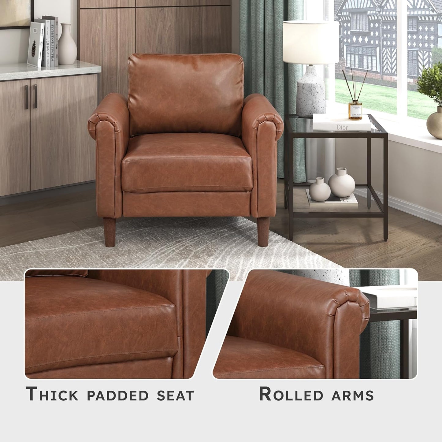 Lexicon 35" W Living Room Accent Chair, Faux Leather Upholstered Armchair with Rolled Arm for Bedroom/Office/Waiting Room, Single Sofa Chair, Chocolate