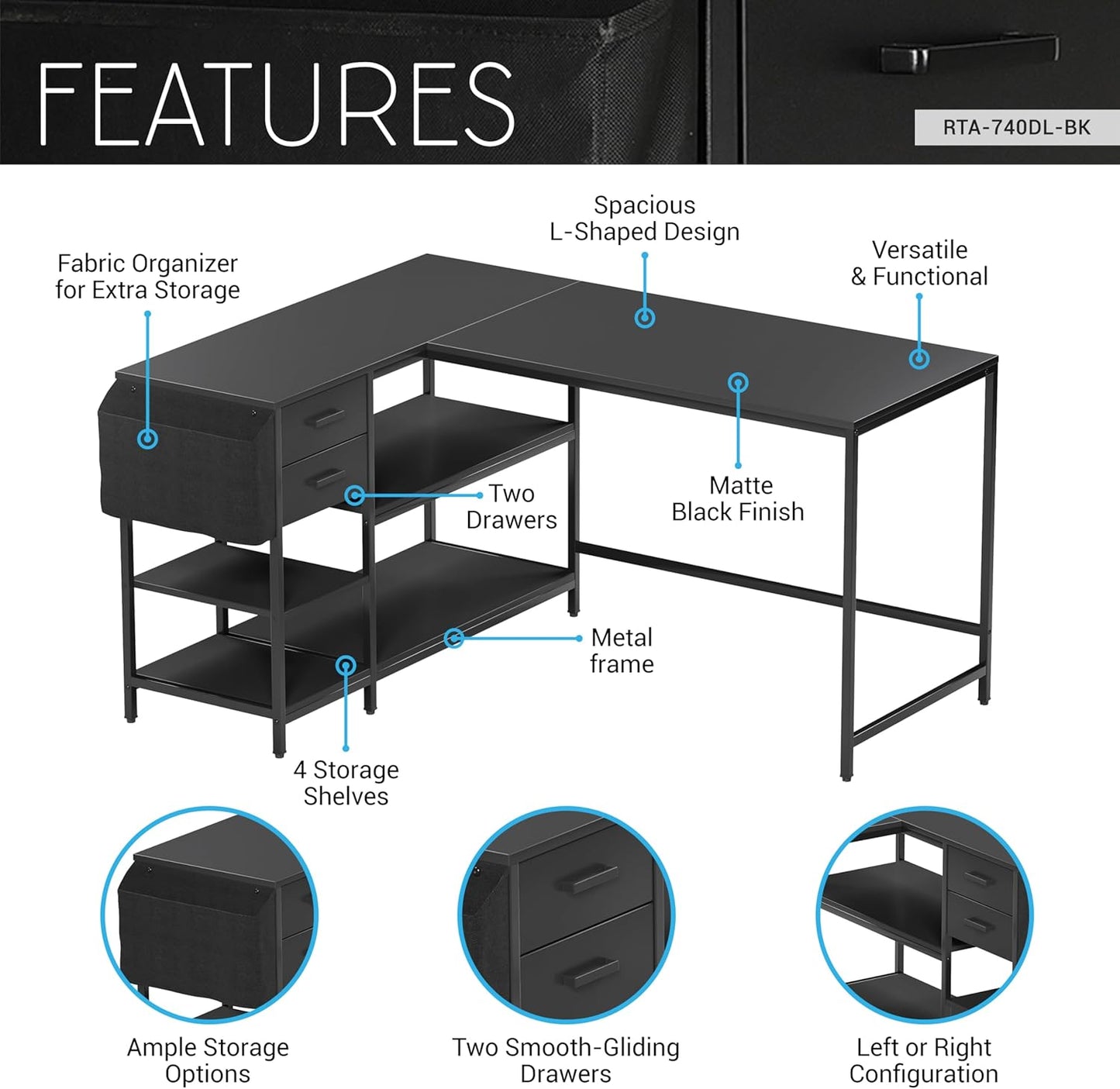 Techni Mobili Modern L-Shaped Desk with Storage, Corner Computer Desk for Home & Office with, 2 Drawers, Open Storage Shelves, Fabric Organizer & Sturdy Metal Frame, Black