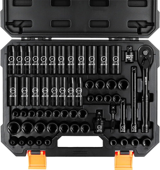 BOEN 3/8" Drive Impact Socket Set, 59-Piece Standard SAE (5/16 to 3/4 inch) and Metric (6-22mm), Include 9-Piece E-Torx Socket Set (E5-E16) 丨Ratchet Handle, Extension Bar, Universal Joint, Adapter